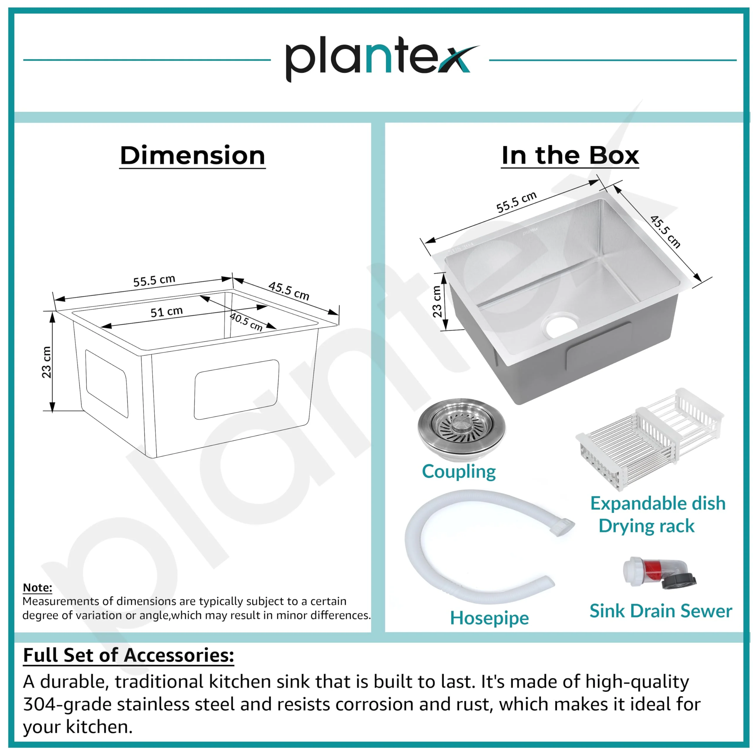 Plantex Guranteed Stainless Steel 304 Grade Kitchen Sink/Handmade Sink for Kitchen with 7 Years of Warranty by Plantex/Single Bowl Sink with All Fittings & Drying Rack (Silver Matt-22x18 Inches) - Image 6