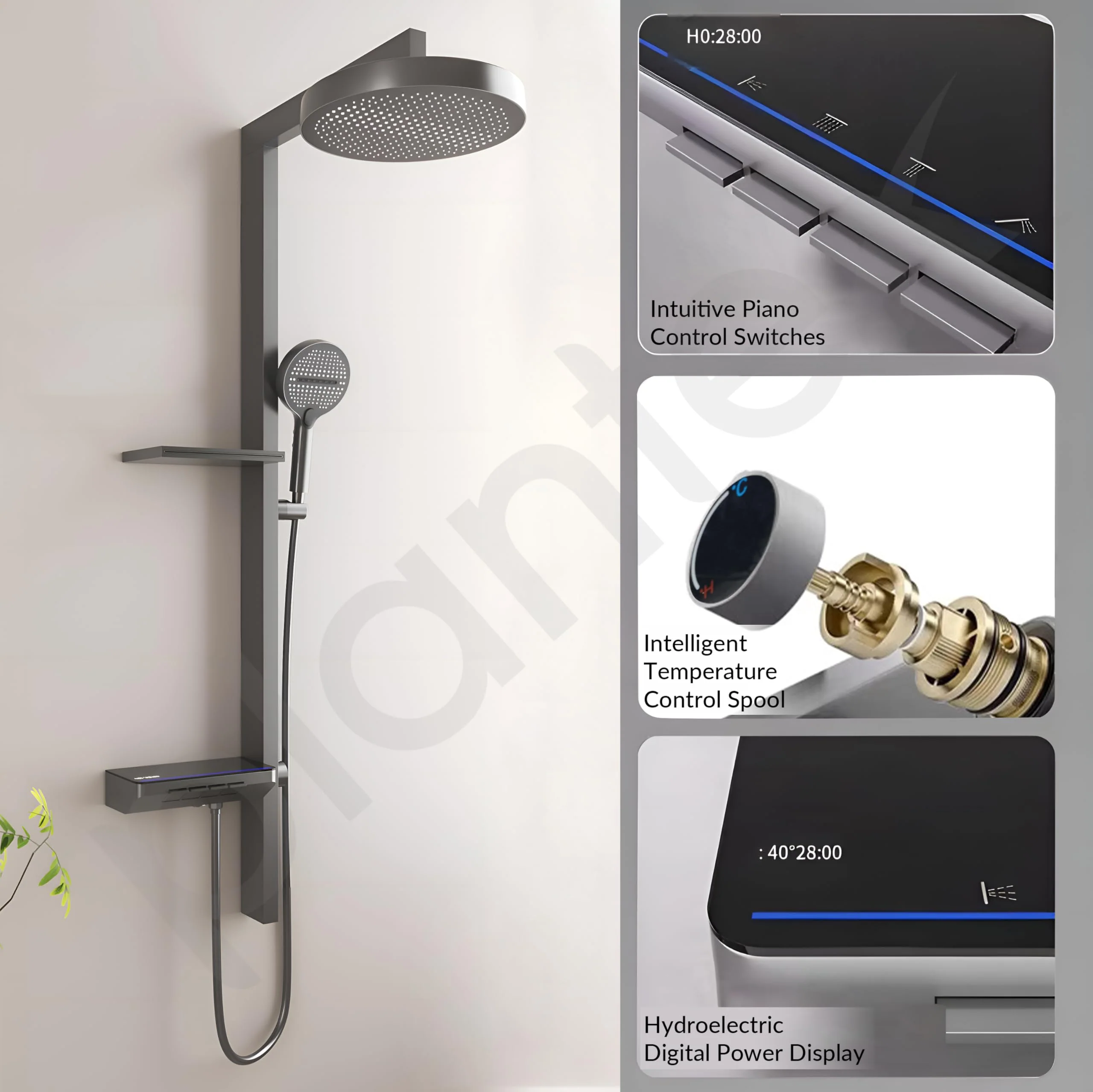 Plantex Haven Shower Panel for Bathroom with Piano Switches & Temperature Display/Rainfall Showerhead with Waterfall Outlet/Hand Shower with Hose Pipe & Clamp - (6013-GA) - Image 4