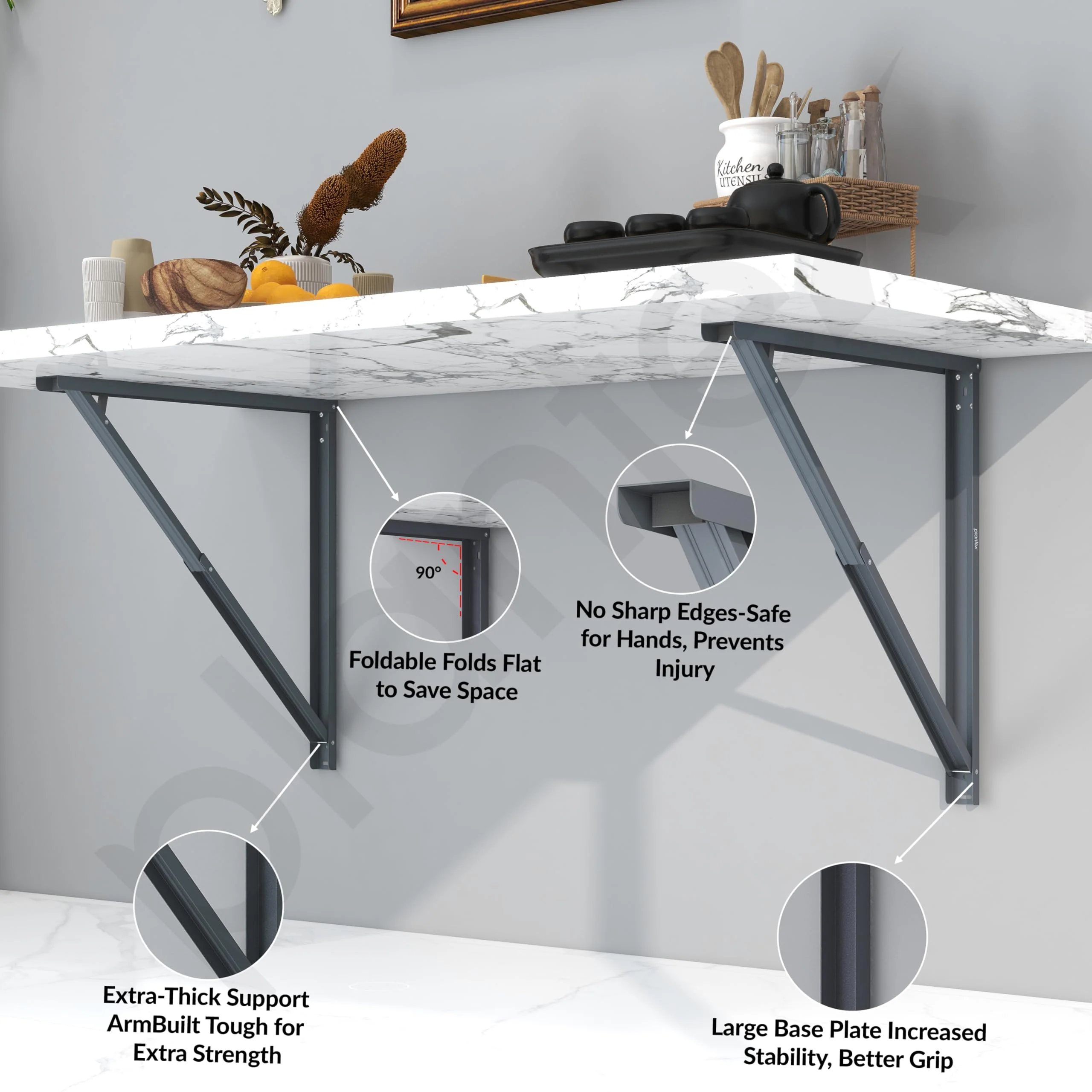 Plantex Heavy Duty 20 Inch Foldable Table Bracket/GI Steel Multipurpose Shelf Bracket/Space Saving Wall Bracket/Folding Bracket for Home & Office - Pair of 1 (Grey) - Image 3
