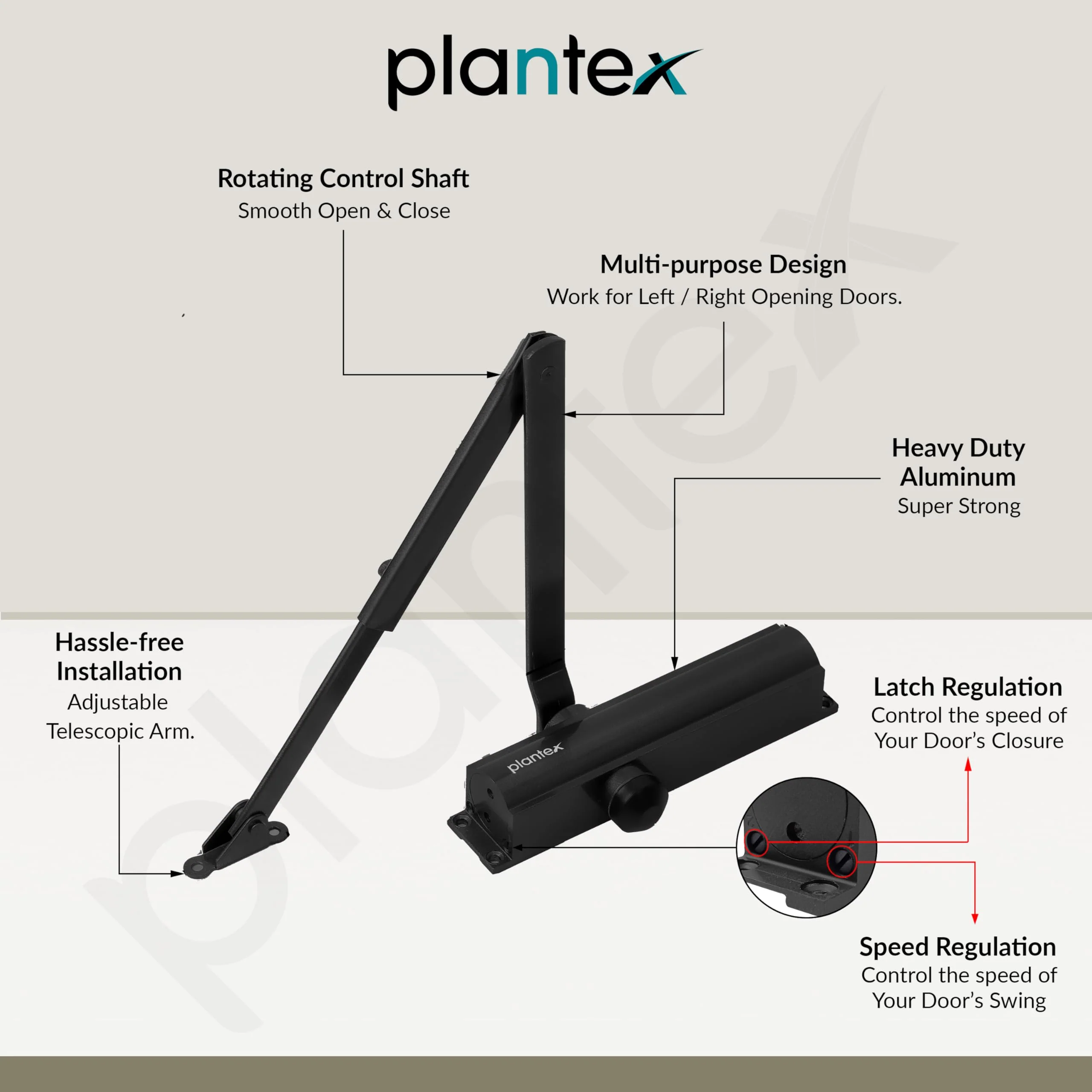 Plantex Heavy Duty Automatic Door Closer for Wooden Doors - 55kg Adjustable for Home/Office/Hotel - Black (ISO 9001 Certified) - Image 3