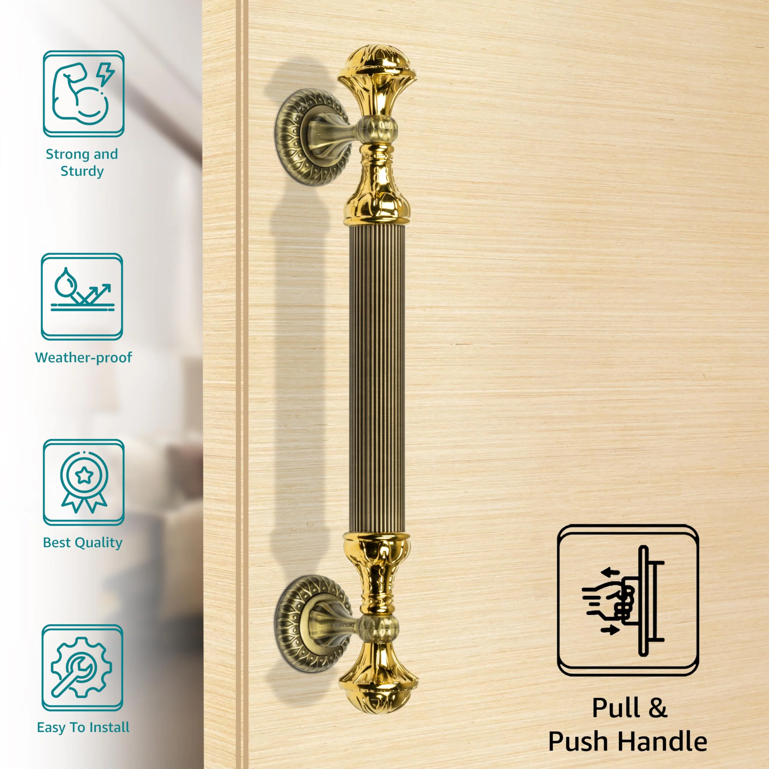 Plantex Heavy Duty Door Handle/Door & Home Decor/15-inches Main Door Handle/Door Pull Push Handle - Pack of 1 (320-Brass Antique and Gold Finish) - 3 Years Warranty - Image 2