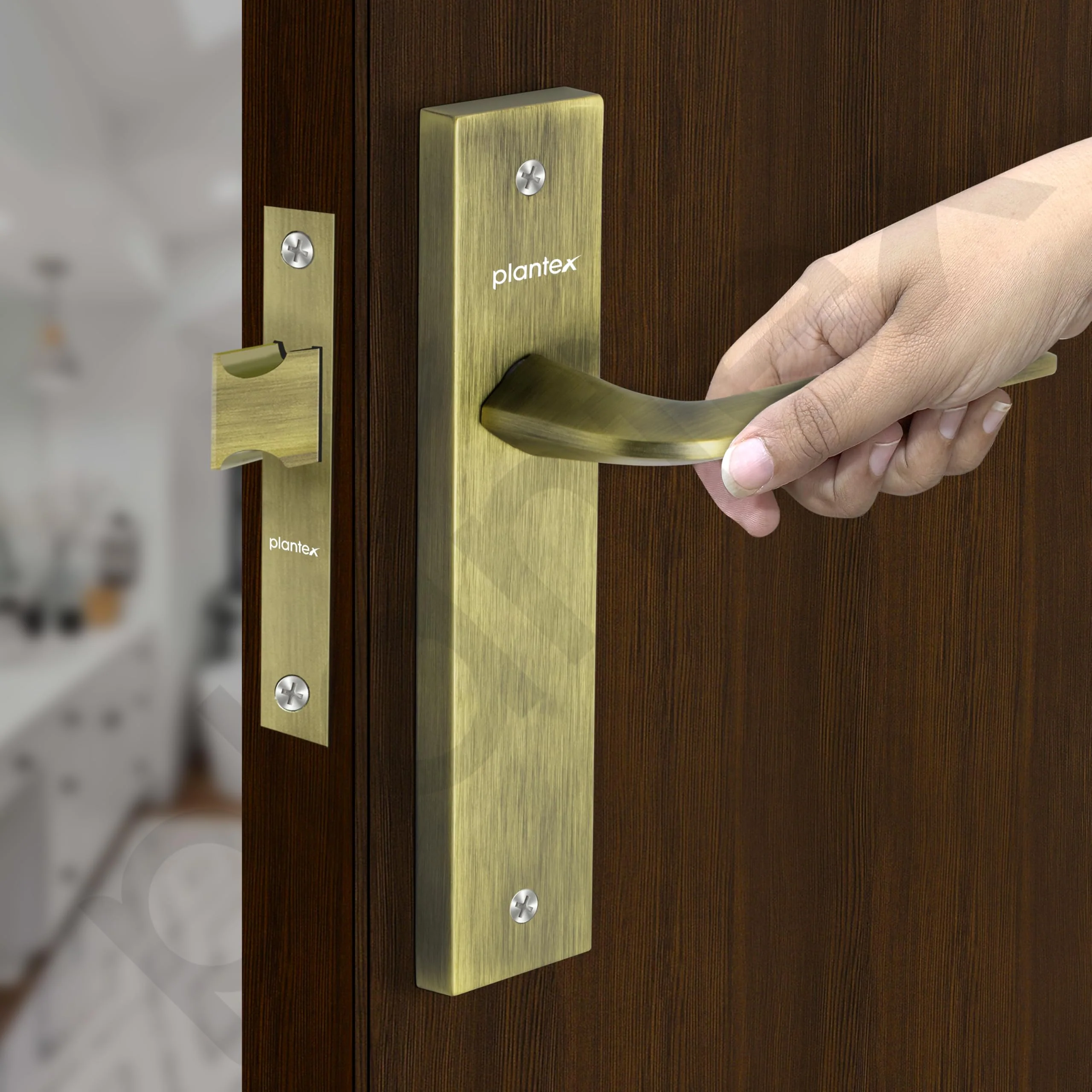 Plantex Heavy Duty Door Lock – Bathroom Door Lock/Mortise 8inch Keyless Plate Handle Set for Home/Bathroom/Store Room/Balcony/Office with Baby Latch (8105, Brass Antique) - Image 4