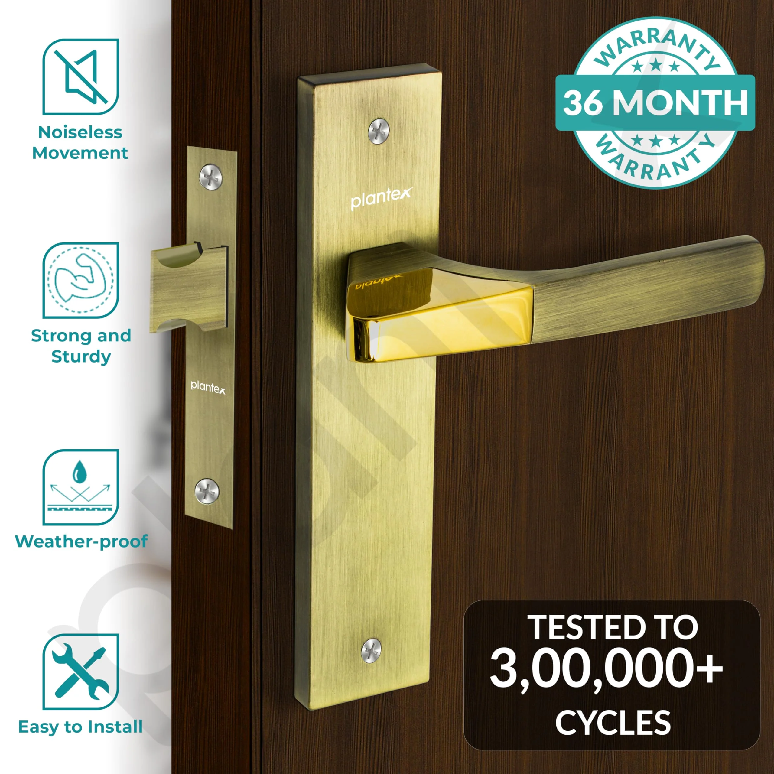Plantex Heavy Duty Door Lock – Bathroom Door Lock/Mortise 8inch Keyless Plate Handle Set for Home/Bathroom/Store Room/Balcony/Office with Baby Latch (8114, Brass Antique & PVD Gold) - Image 2