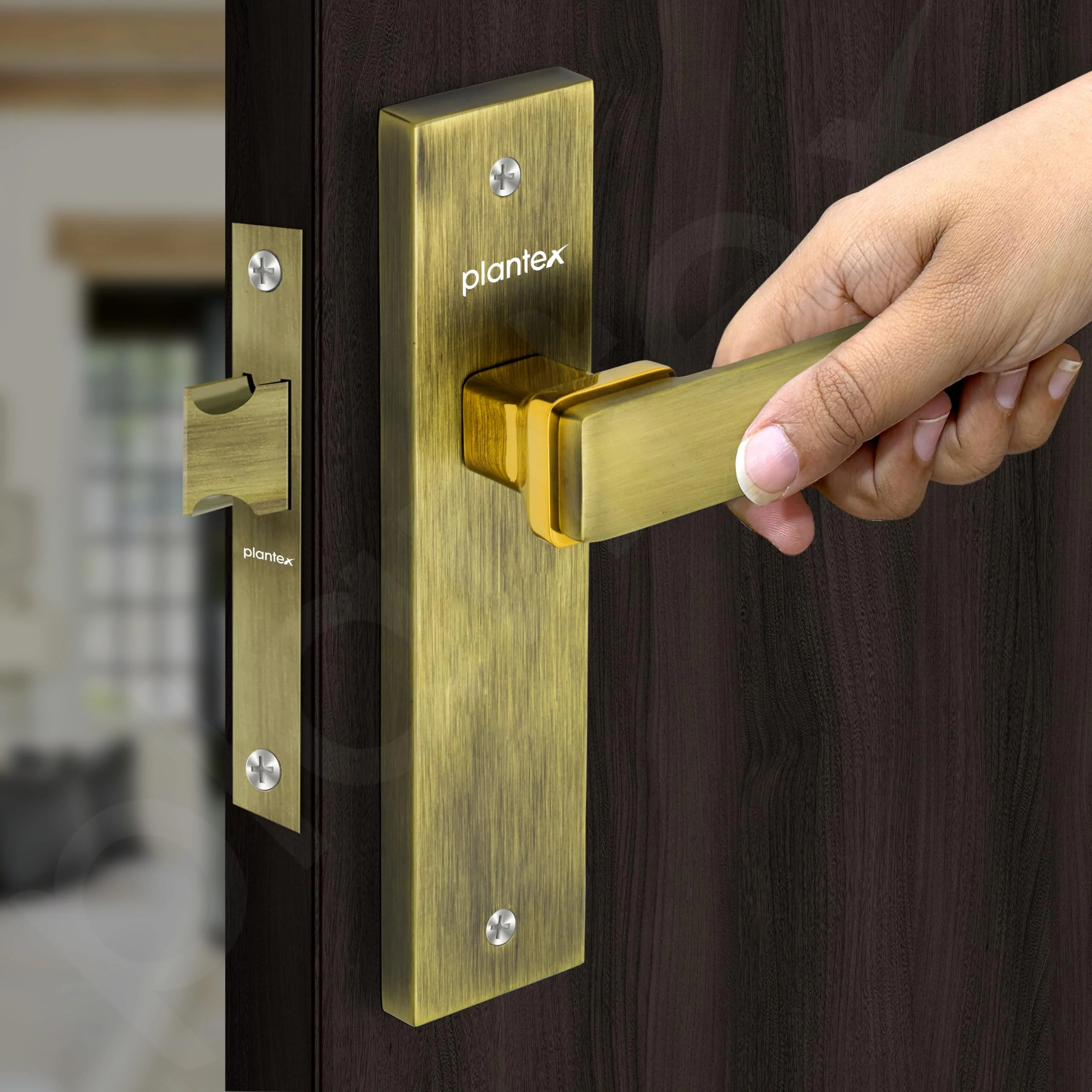 Plantex Heavy Duty Door Lock – Bathroom Door Lock/Mortise 8inch Keyless Plate Handle Set for Home/Bathroom/Store Room/Balcony/Office with Baby Latch (8116, Brass Antique & PVD Gold) - Image 4