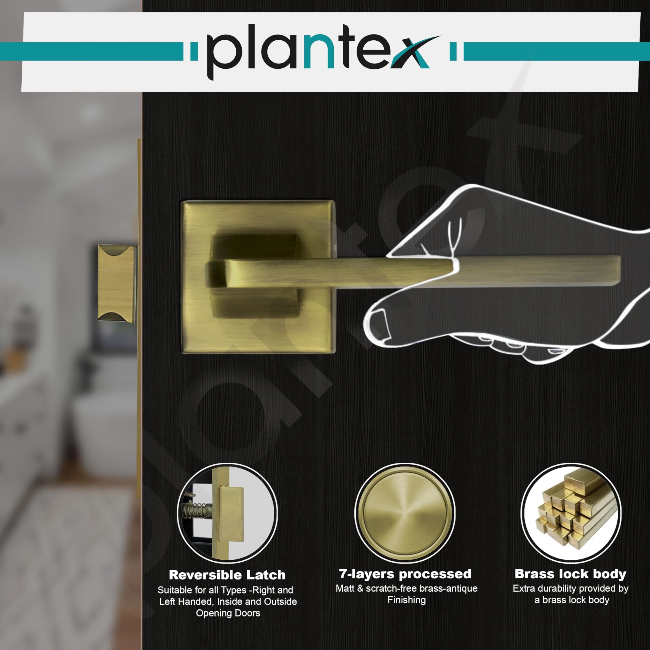 Plantex Heavy Duty Door Lock โ Bathroom Door Lock/Mortise Keyless Handle Set for Home/Bathroom/Store Room/Balcony/Office with Baby Latch (605 - Brass Antique) - Image 4