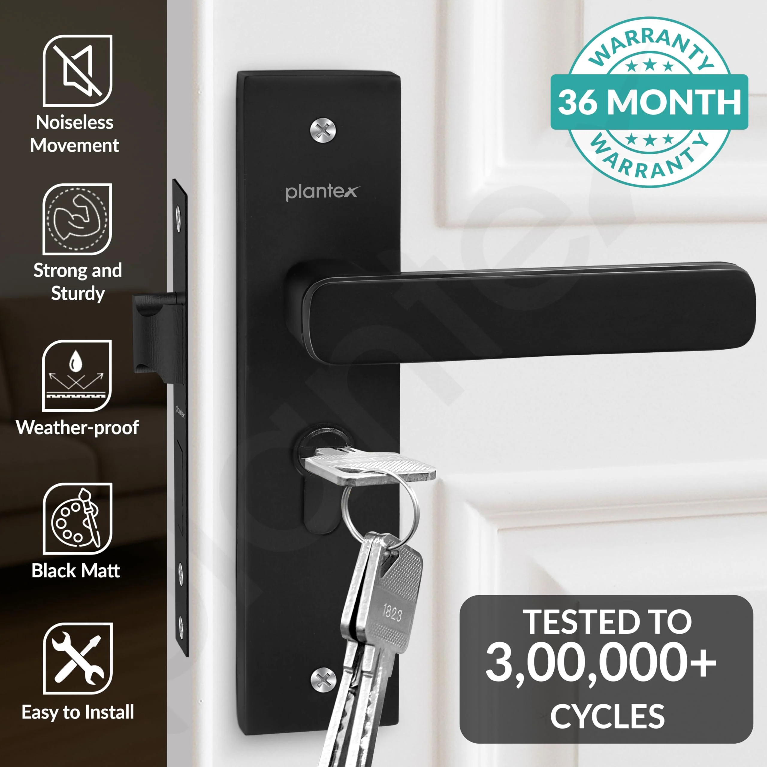 Plantex Heavy-Duty Door Lock - Main Door Locks Handle Set/Mortise Lock with 3 Keys, Brass Lockbody & Cylinder (8125 - Z Black & DC Black) - Image 2
