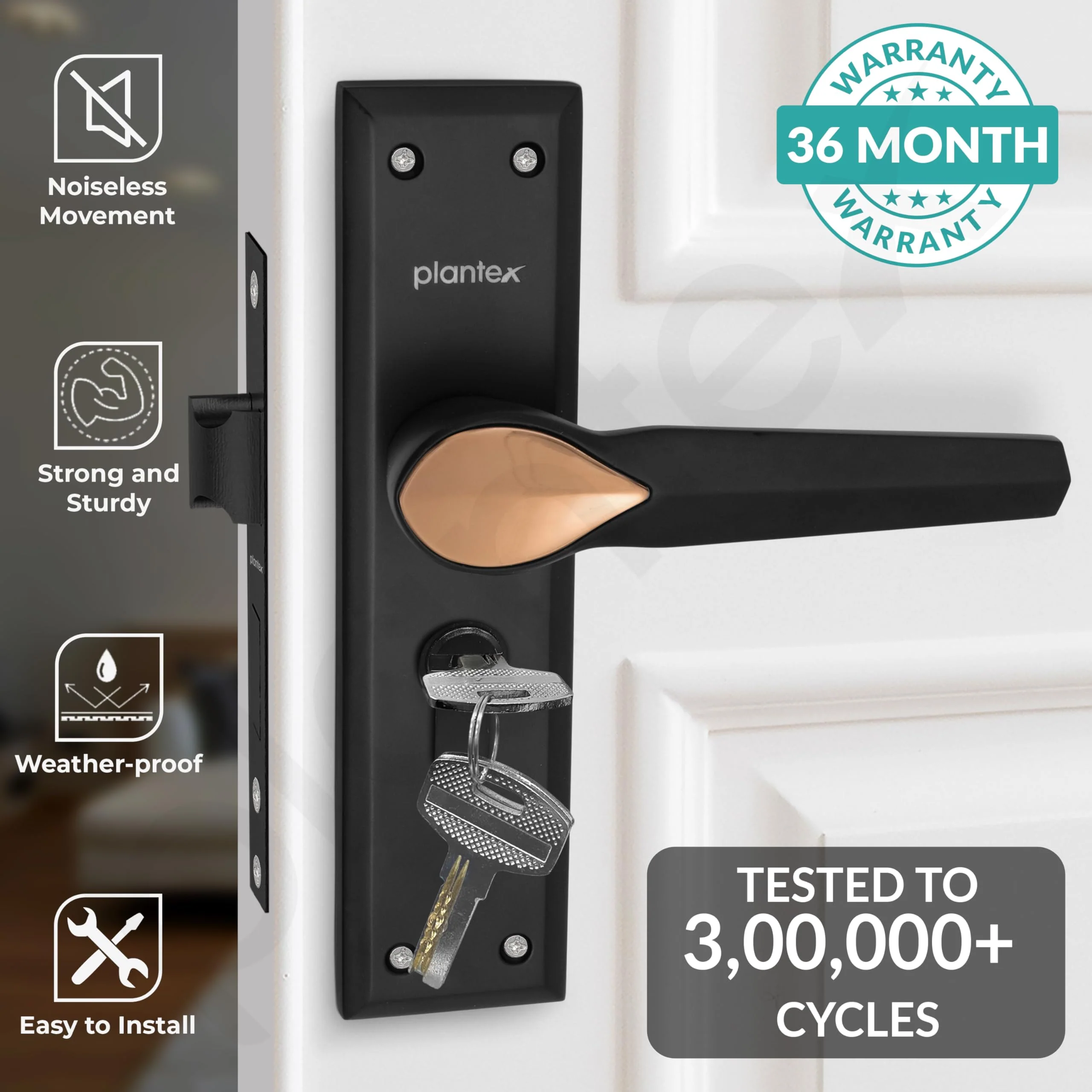 Plantex Heavy-Duty Door Lock Set - Main Door Lock Handle Set/6-Lever Lock Mechanism Mortise Lock with 3 Keys, Brass Lock Body & Cylinder (PTP-07, Black & Rose Gold) - Image 2