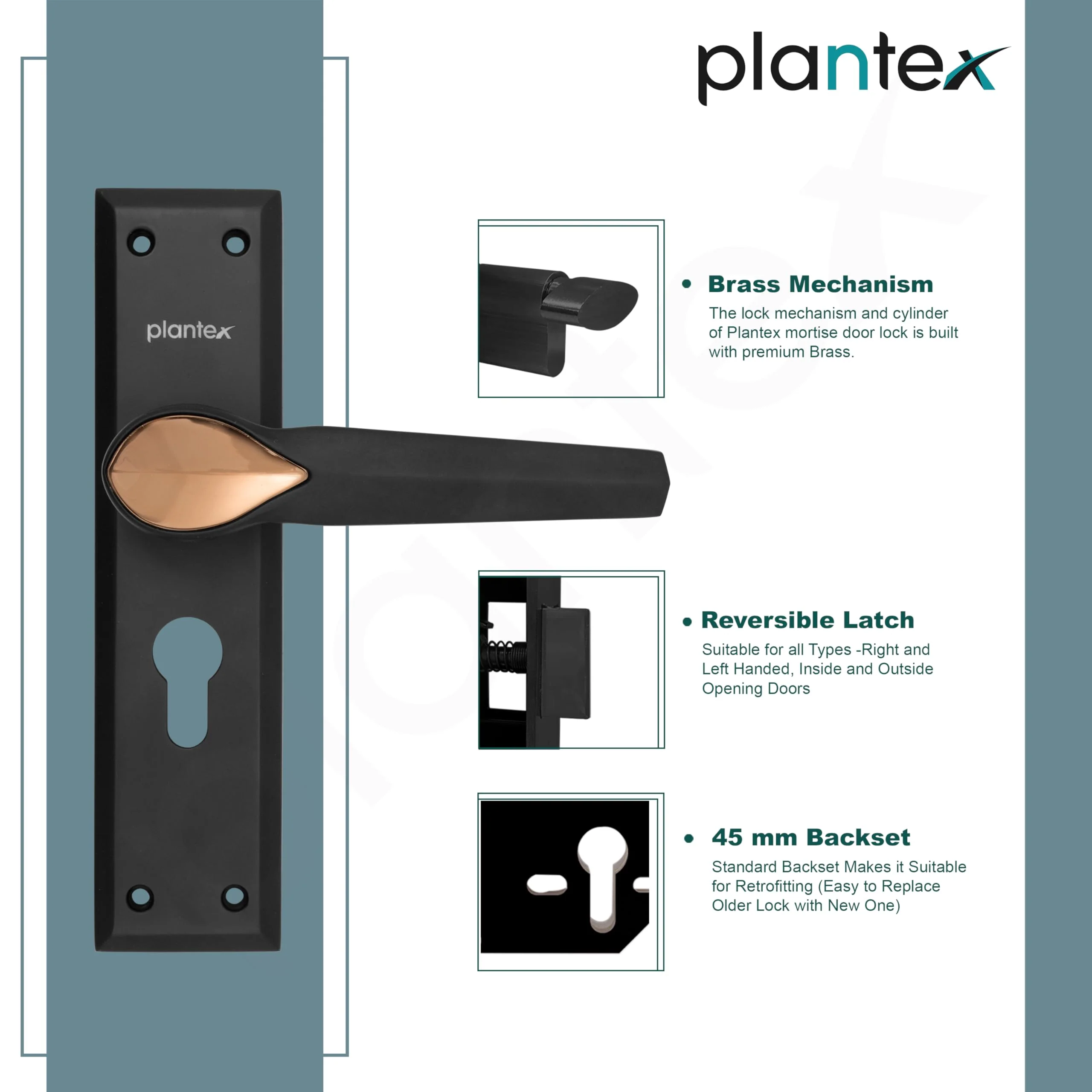 Plantex Heavy-Duty Door Lock Set - Main Door Lock Handle Set/6-Lever Lock Mechanism Mortise Lock with 3 Keys, Brass Lock Body & Cylinder (PTP-07, Black & Rose Gold) - Image 4