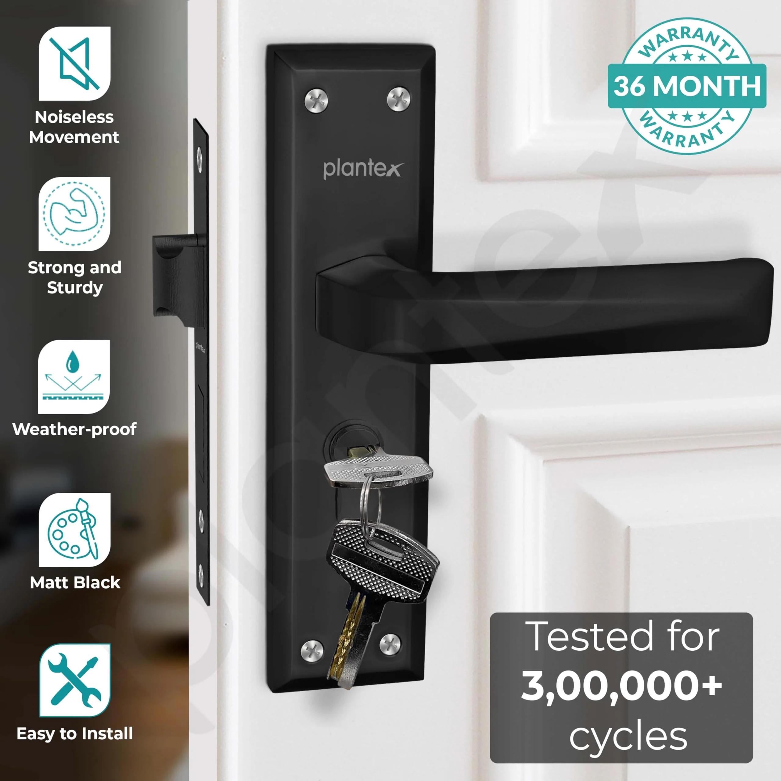 Plantex Heavy-Duty Door Lock Set - Main Door Lock Handle Set/6-Lever Lock Mechanism Mortise Lock with 3 Keys, Brass Lock Body & Cylinder (PTP-08, Black) - Image 2
