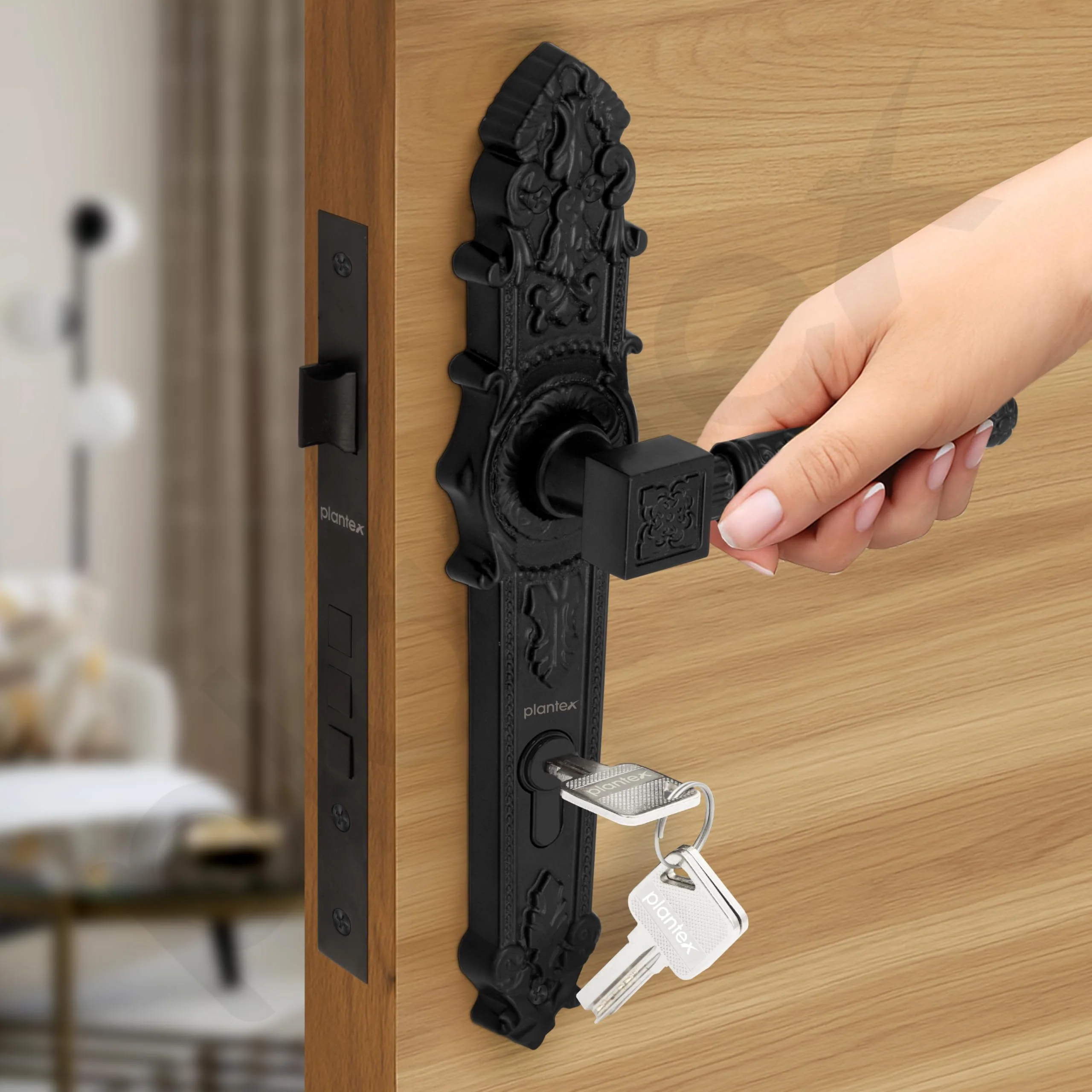 Plantex Heavy-Duty Door Lock Set -Main Door Lock Handle Set/6-Lever Lock Mechanism with 3 Years of Warranty/Mortise Lock with 3 Keys, Brass Lock Body & Cylinder(657- Black) - Image 7