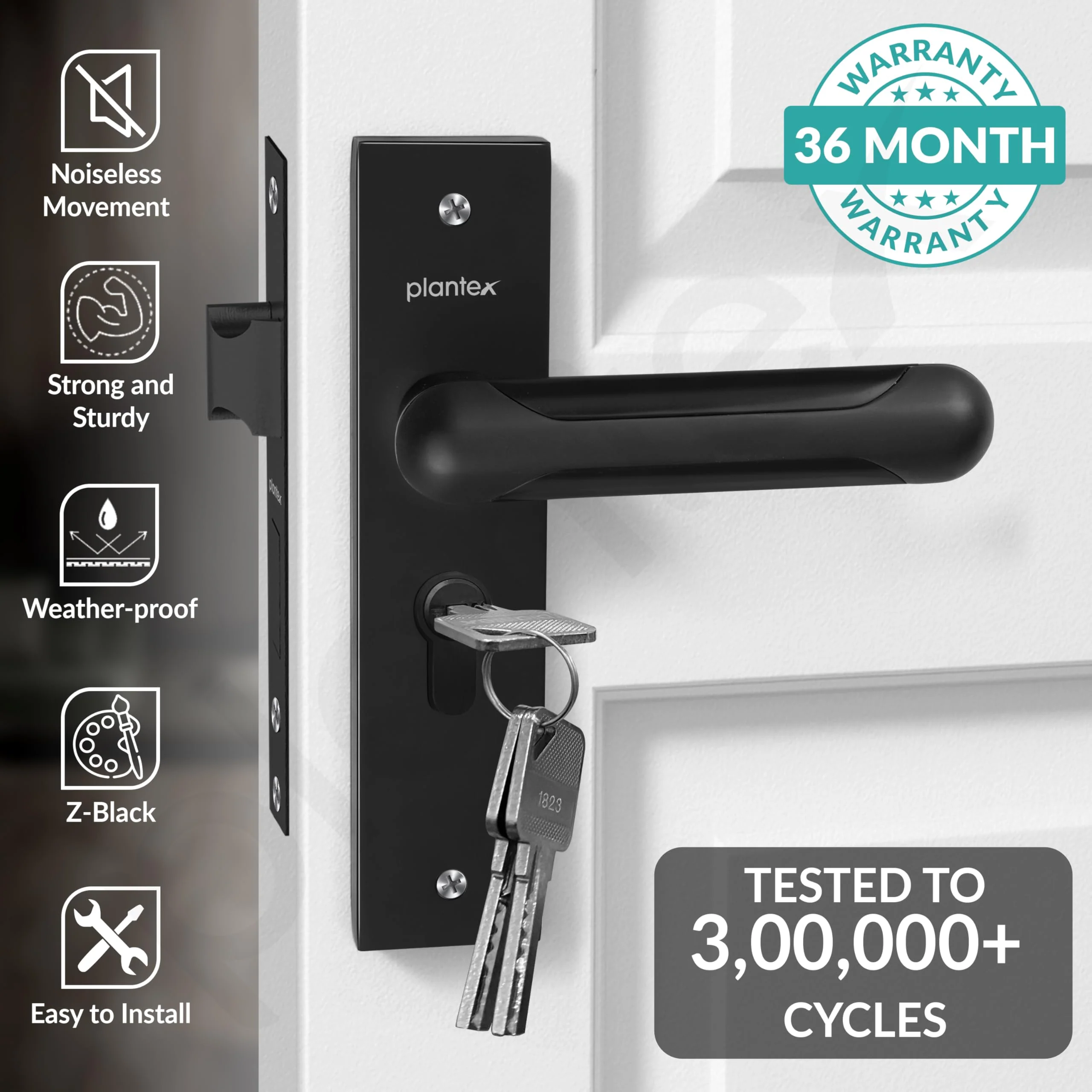 Plantex Heavy-Duty Door Lock Set - Main Door Lock Handle Set/Mortise Lock with 3 Keys, Brass Lock Body & Cylinder (8124 - Z Black & DC Black) - Image 2