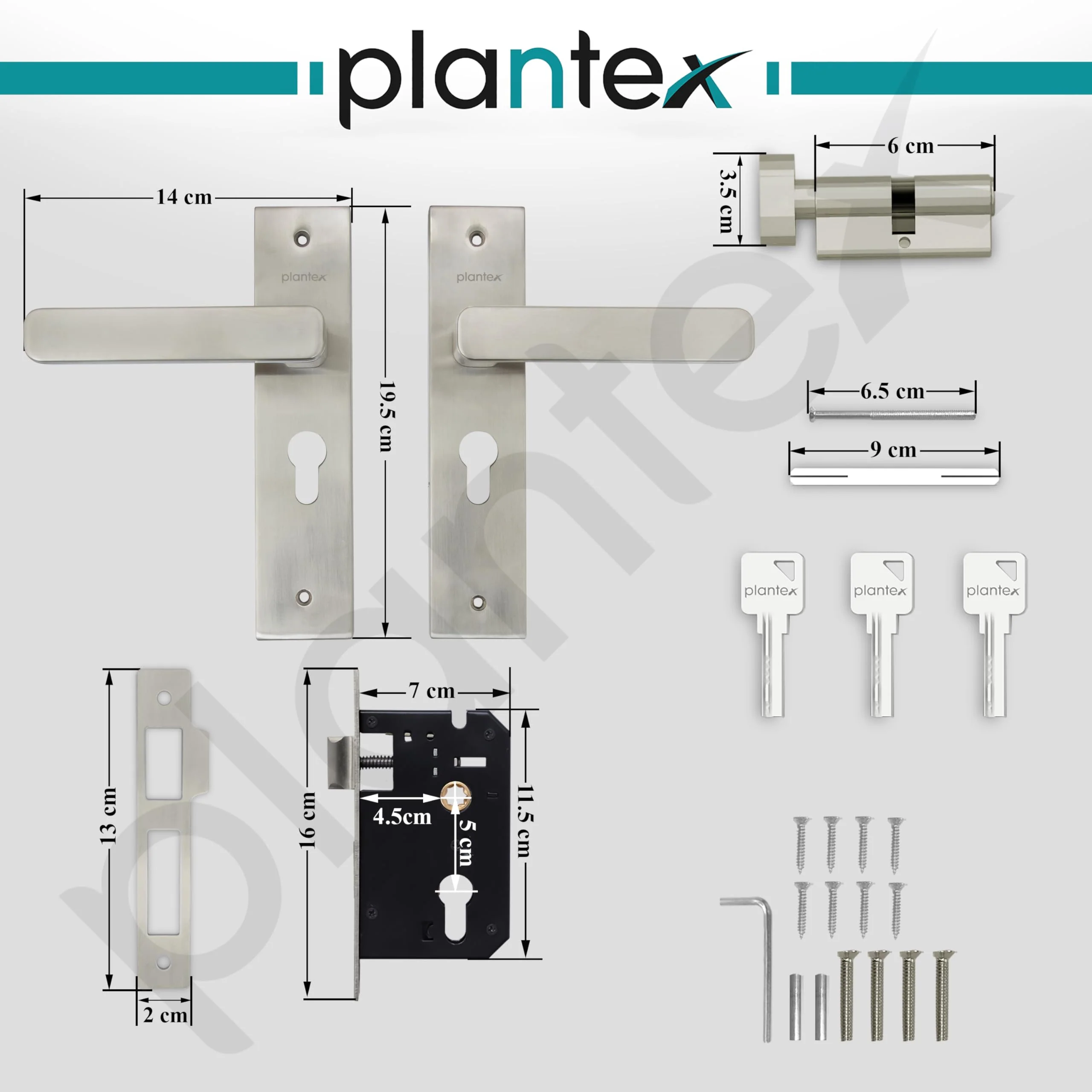 Plantex Heavy-Duty Door Lock Set - Main Door Lock Handle Set/Mortise Lock with 3 Keys, Brass Lock Body & Cylinder (8125 - Steel Satin & Chrome) - Image 3