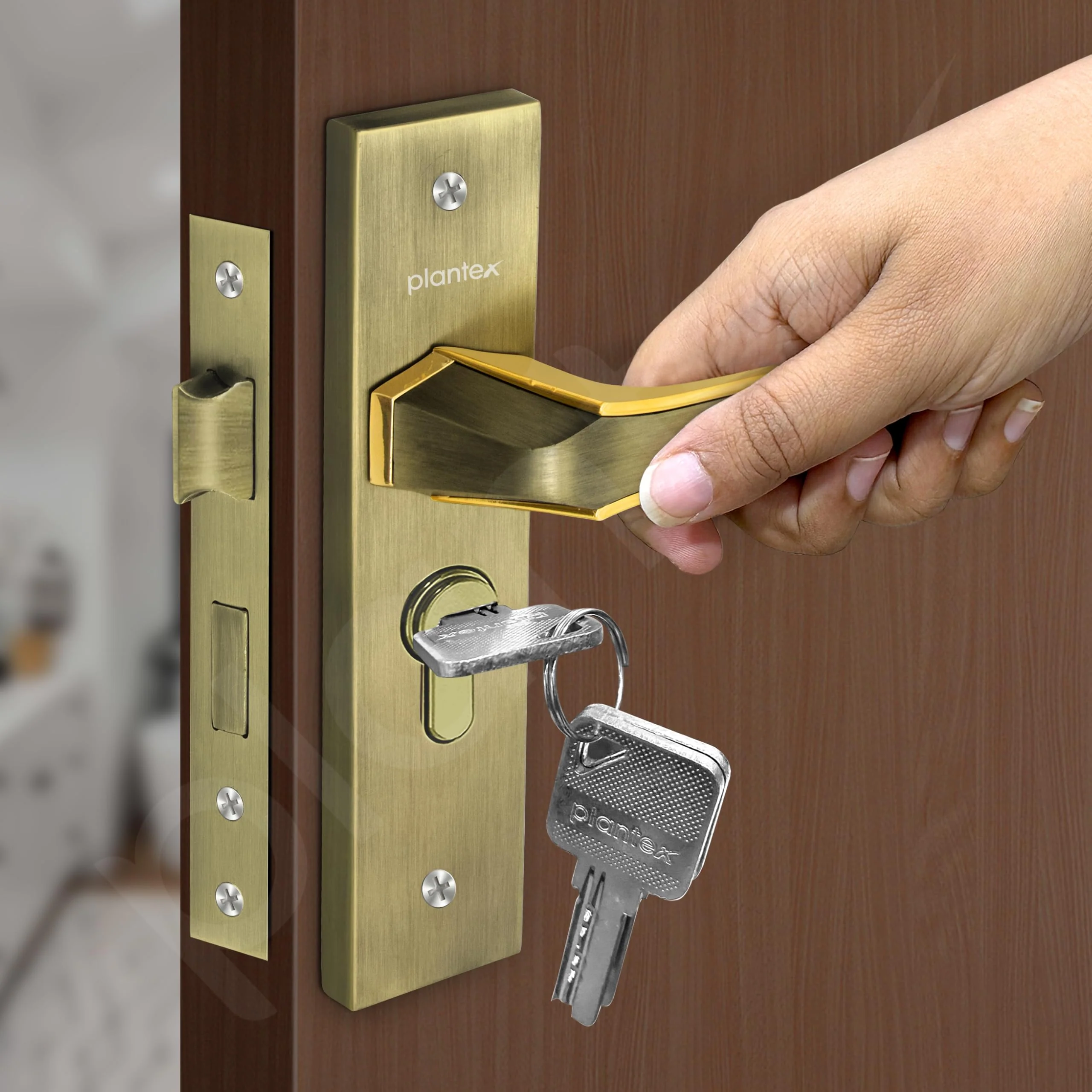 Plantex Heavy-Duty Door Lock Set - Main Door Lock Handle Set/Mortise Lock with 3 Keys, Brass Lock Body & Cylinder (8126 - Brass Antique & PVD Gold) - Image 7