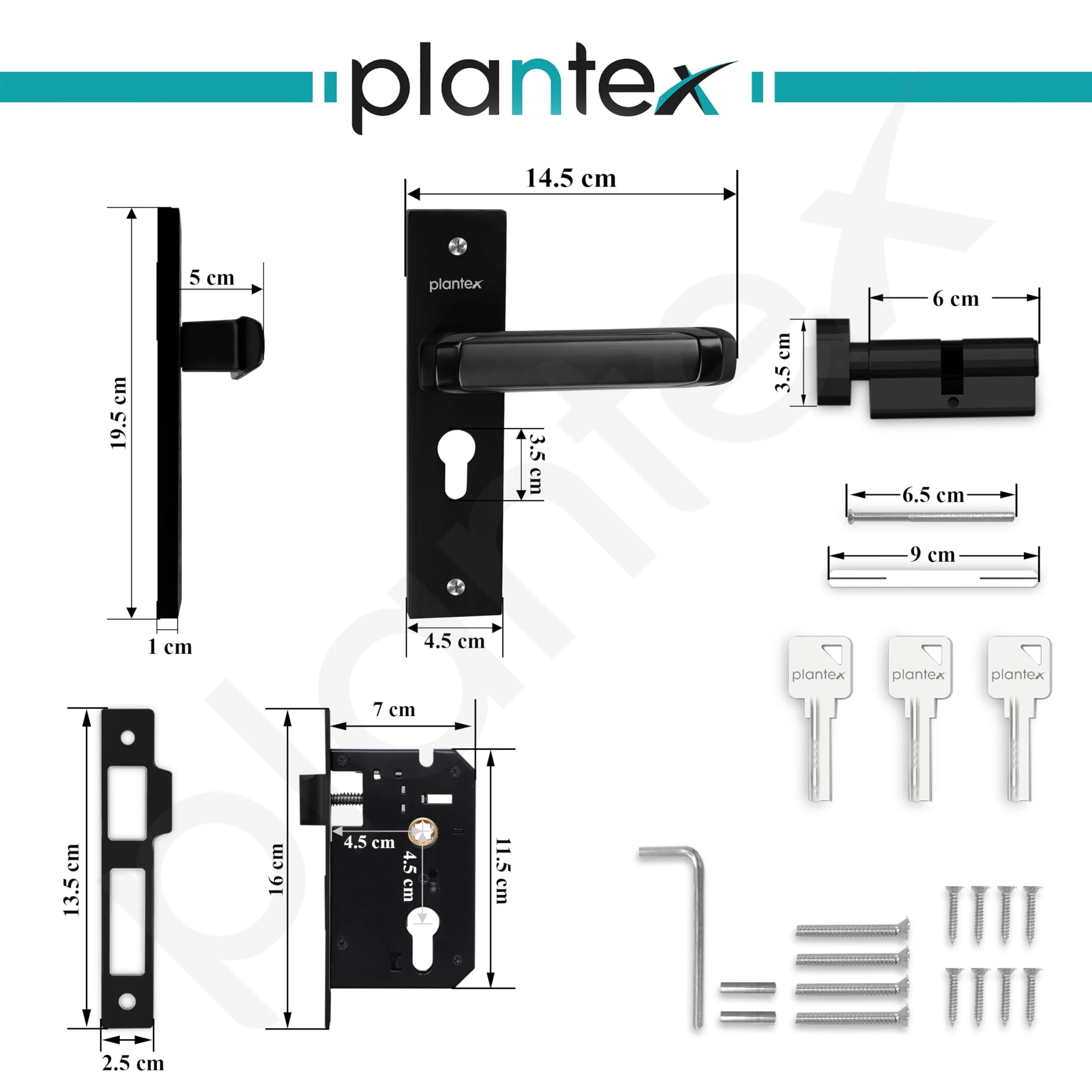 Plantex Heavy-Duty Door Lock Set - Main Door Lock Handle Set/Mortise Lock with 3 Keys, Brass Lock Body & Cylinder (8127 - Z Black & DC Black) - Image 3