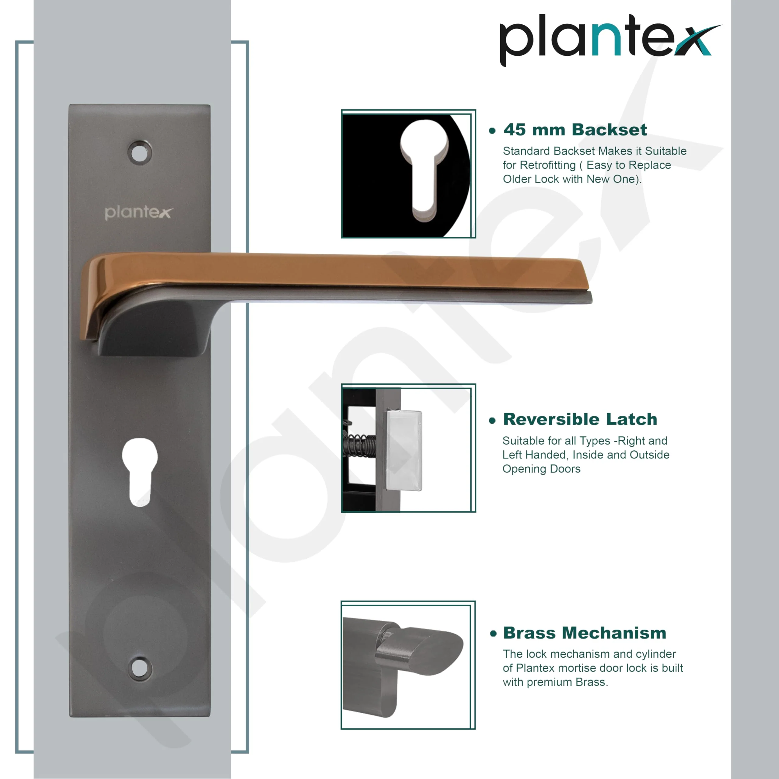 Plantex Heavy-Duty Door Lock Set - Main Door Lock Handle Set/Mortise Lock with 3 Keys, Brass Lockbody & Cylinder (8113 - Satin Black & PVD Choco) - Image 6