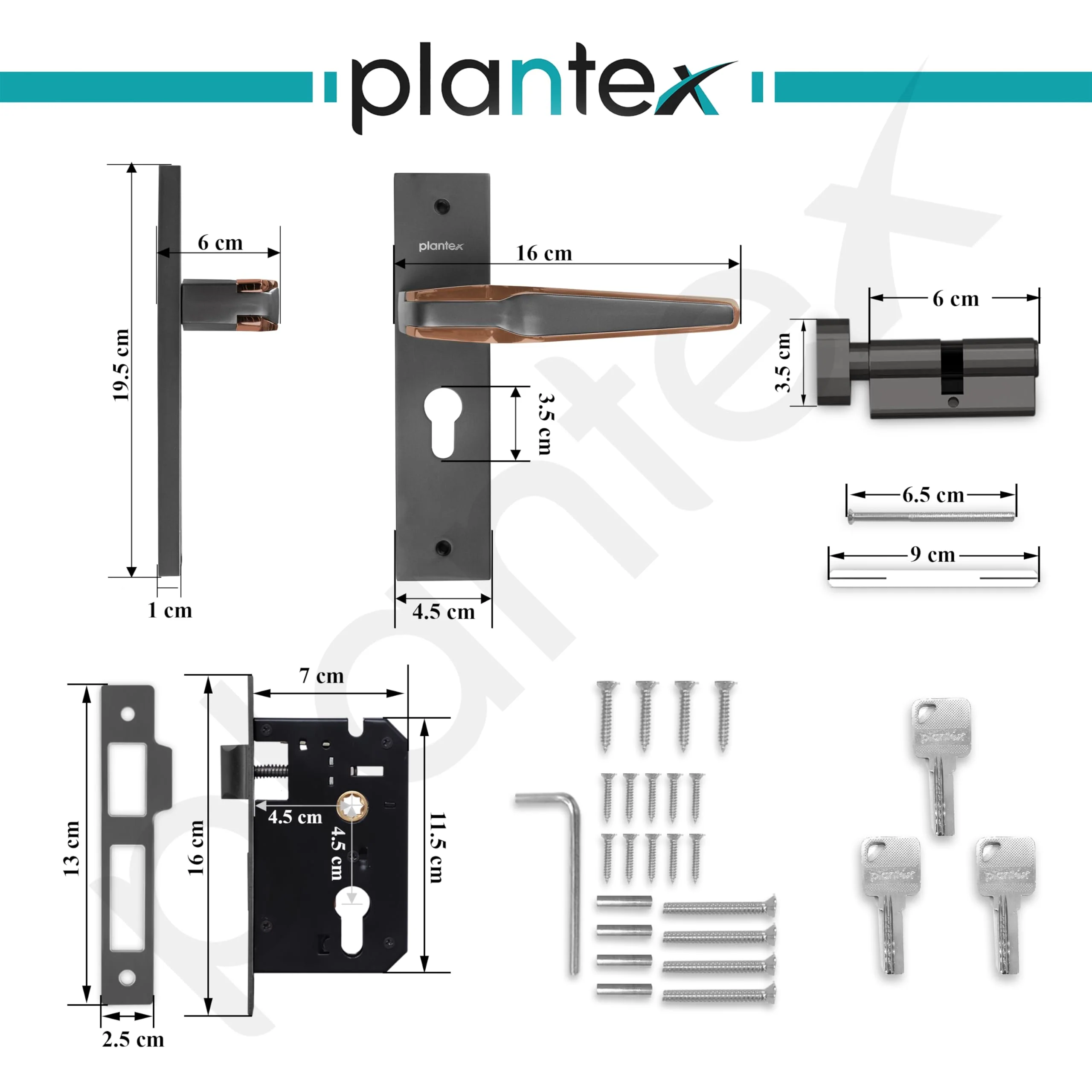 Plantex Heavy Duty Door Lock Set - Main Door Lock Handle Set/Mortise Locks with 3 Keys, Brass Body & Cylinder (8064 - Grey & PVD Choco) - Image 3