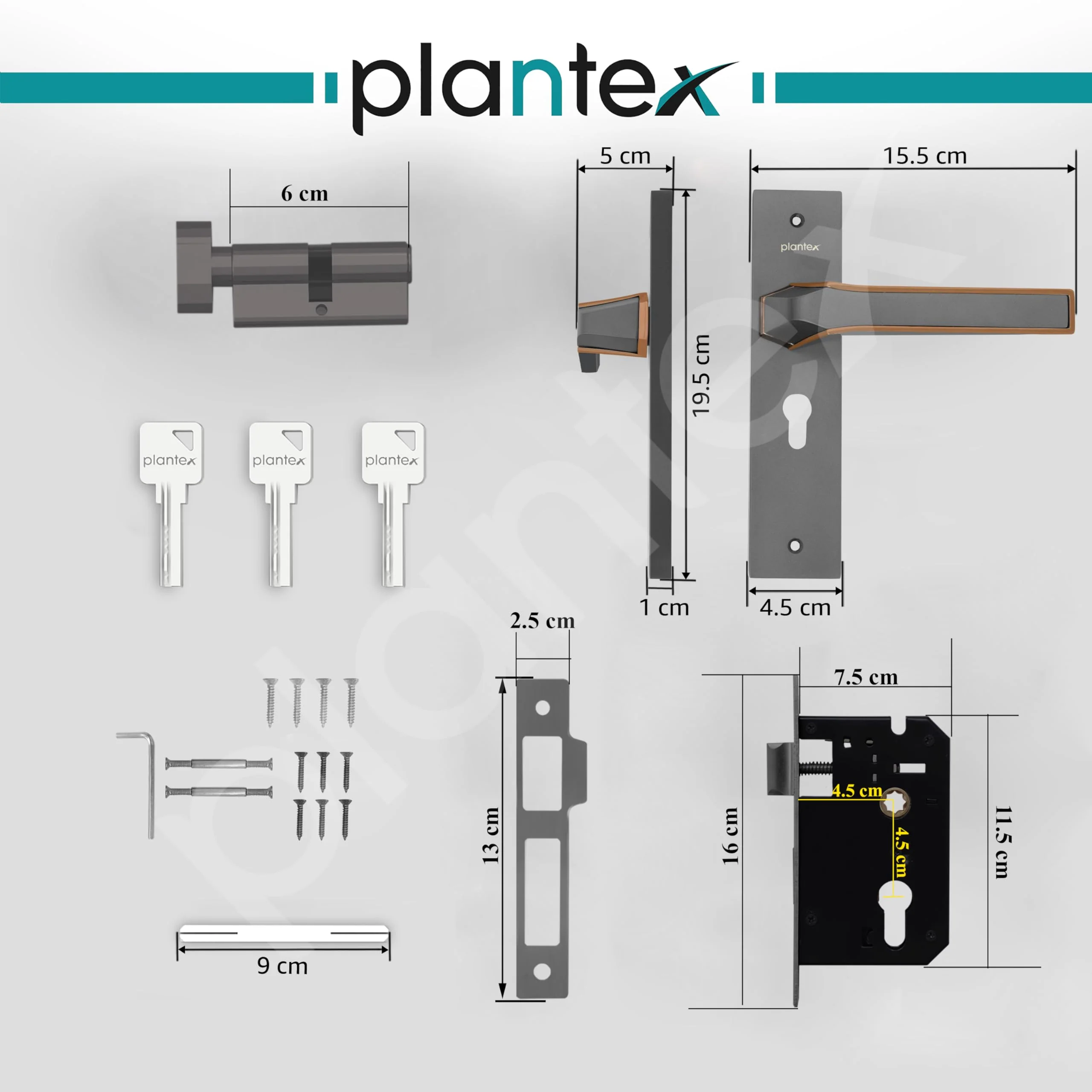 Plantex Heavy Duty Door Lock Set - Main Door Lock Handle Set/Mortise Locks with 3 Keys, Brass Body & Cylinder (8126 - Grey & PVD Choco) - Image 3
