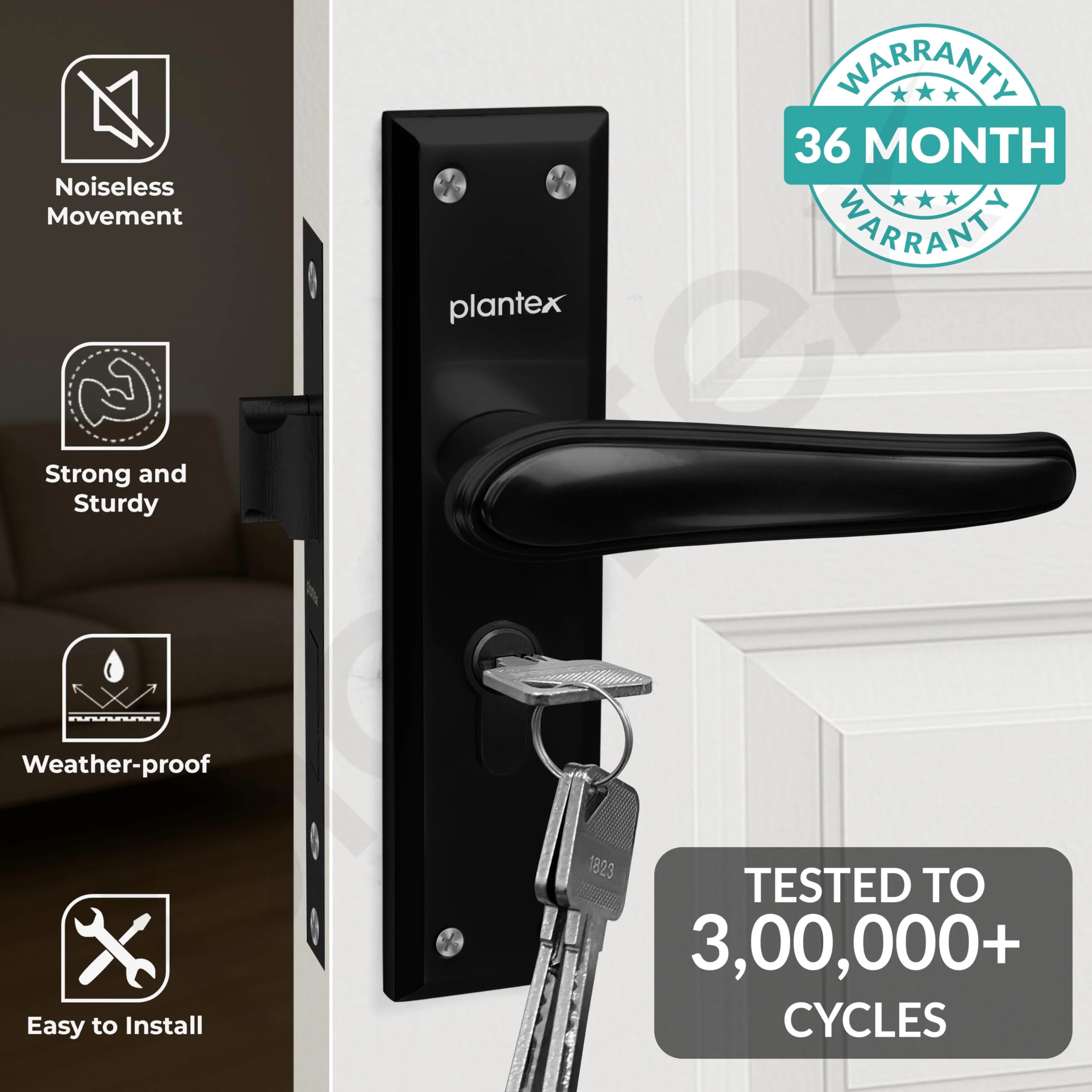 Plantex Heavy-Duty Door Lock Set - Main Door Lock Plate Handle Set/6-Lever Mechanism Mortise Locks with 3 Keys/Brass Locks Body & Cylinder (PTP-09- Black) - Image 2
