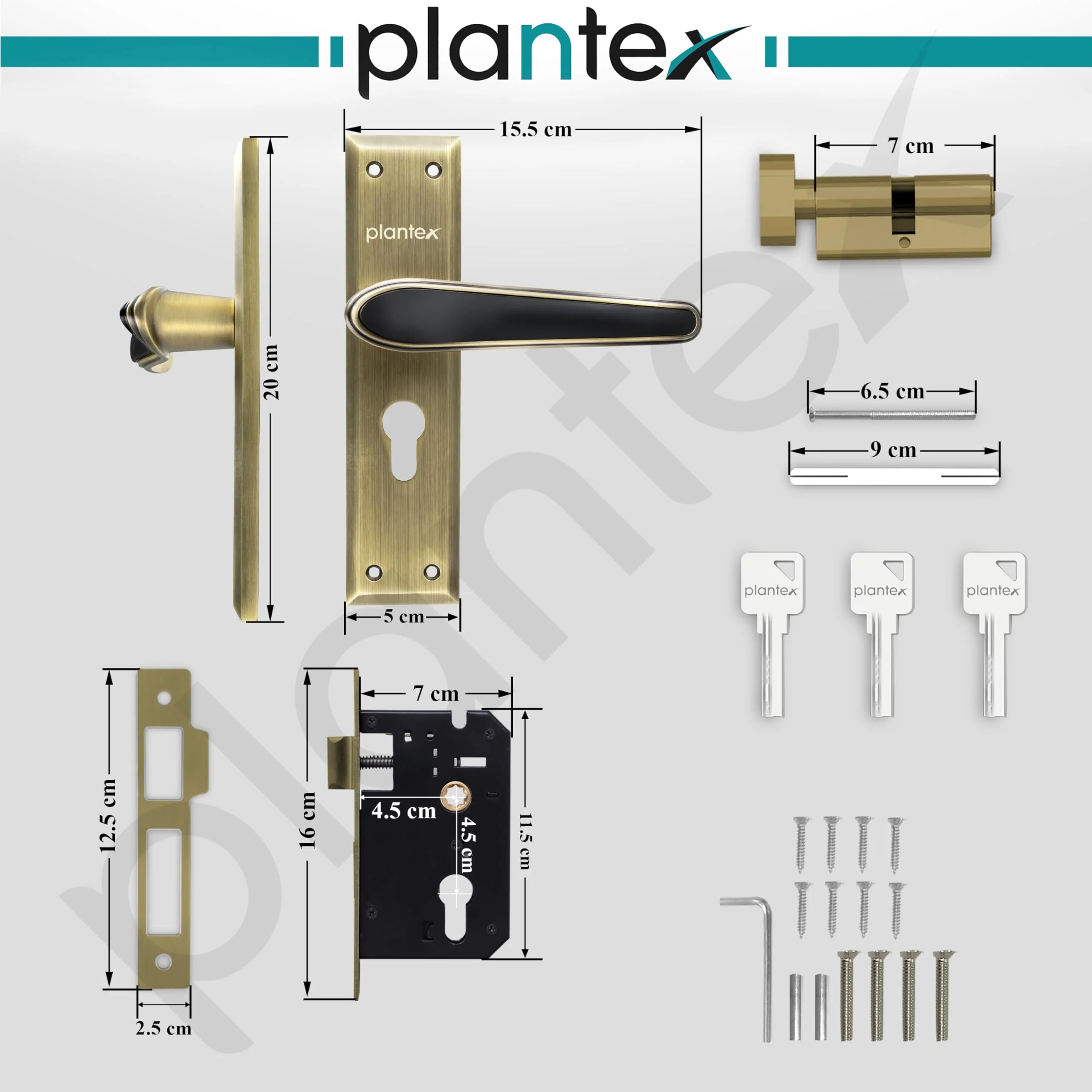 Plantex Heavy-Duty Door Lock Set - Main Door Lock Plate Handle Set/6-Lever Mechanism Mortise Locks with 3 Keys/Brass Locks Body & Cylinder (PTP-09- Brass Antique & Black) - Image 3