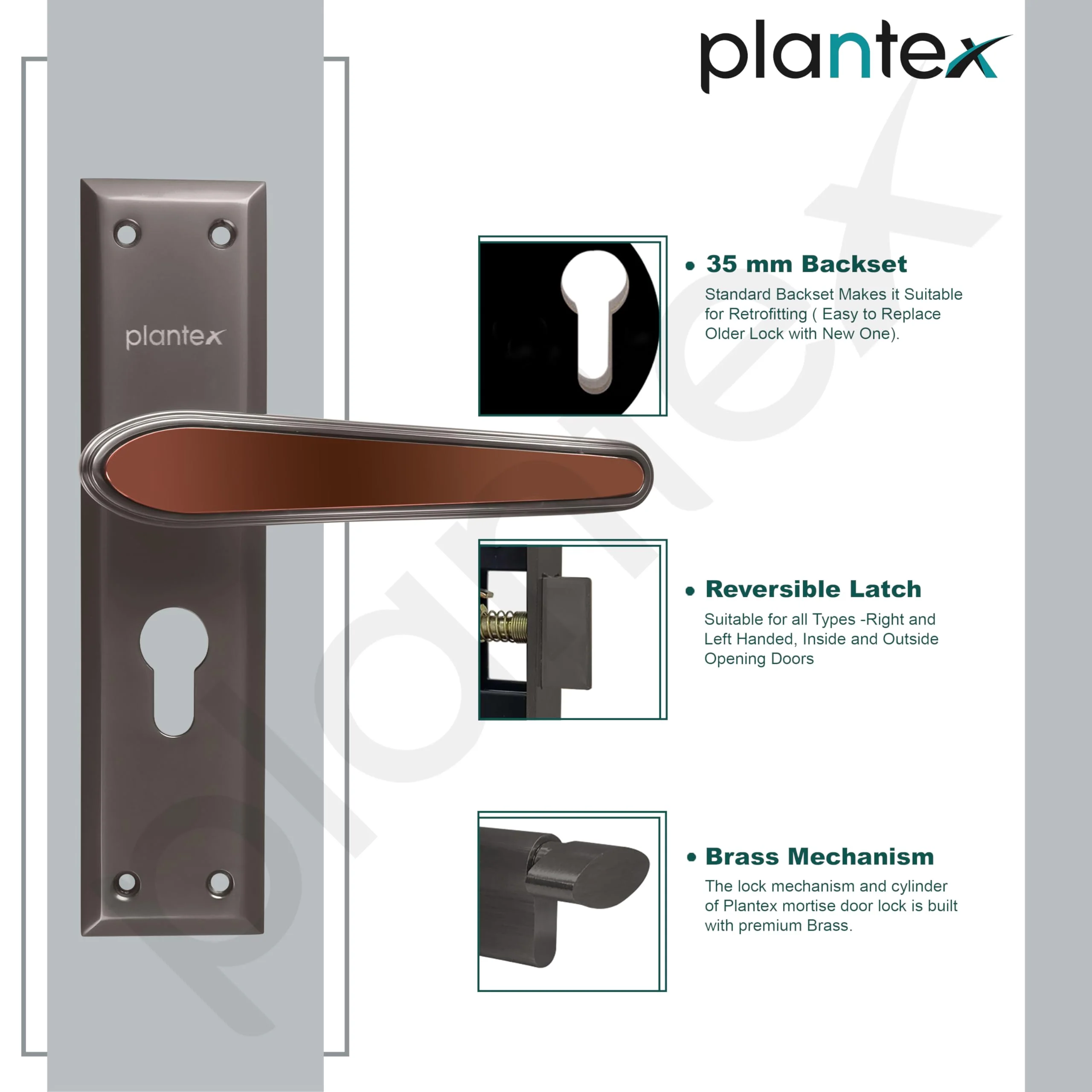 Plantex Heavy-Duty Door Lock Set - Main Door Lock Plate Handle Set/6-Lever Mechanism Mortise Locks with 3 Keys/Brass Locks Body & Cylinder (PTP-09- Satin Black & Rose Gold) - Image 6