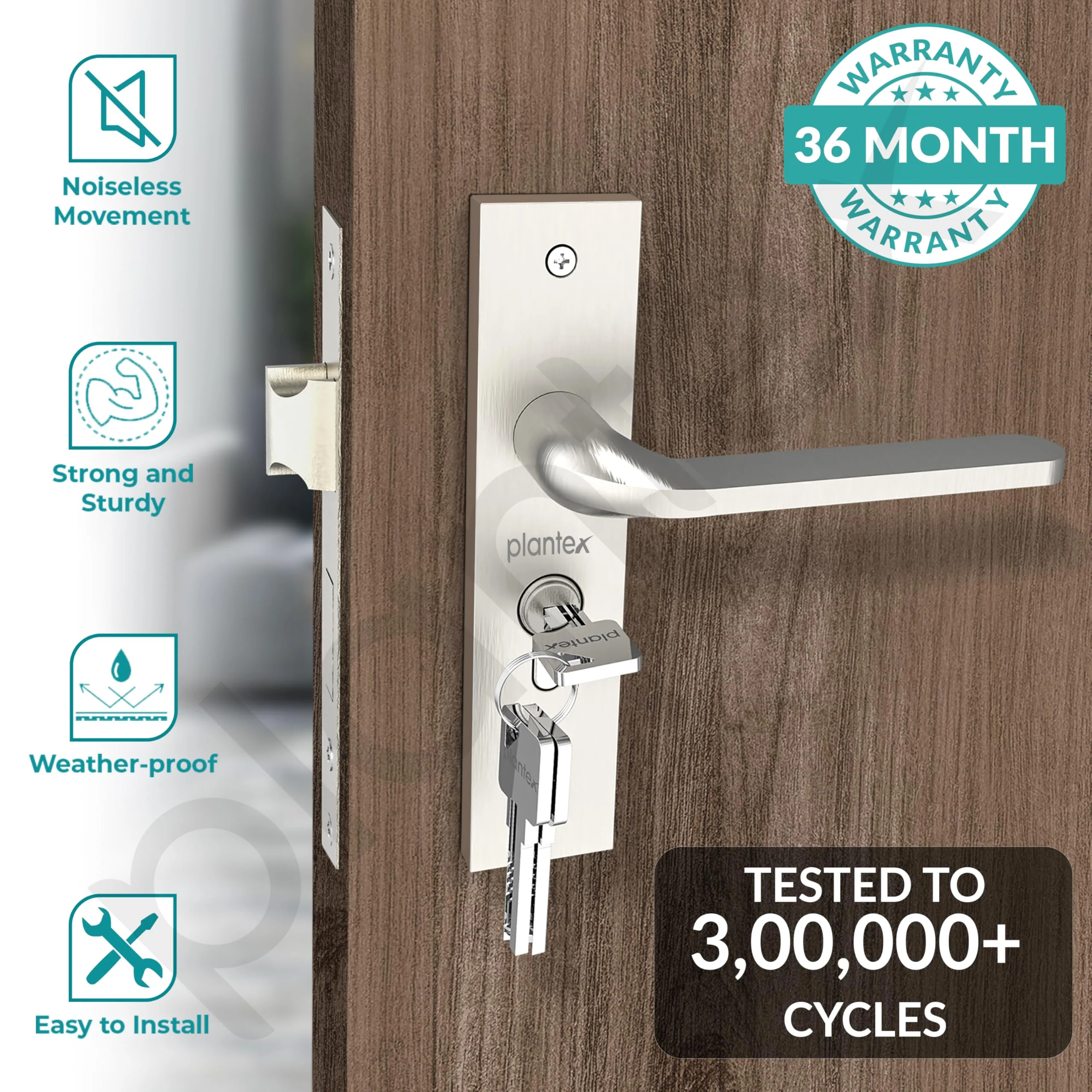 Plantex Heavy-Duty Door Locks - Main Door Lock Handle Set/ 6-Lever Lock Mechanism with 3 Years of Warranty/Mortise Lock with 3 Keys (8060 - Matt) - Image 2