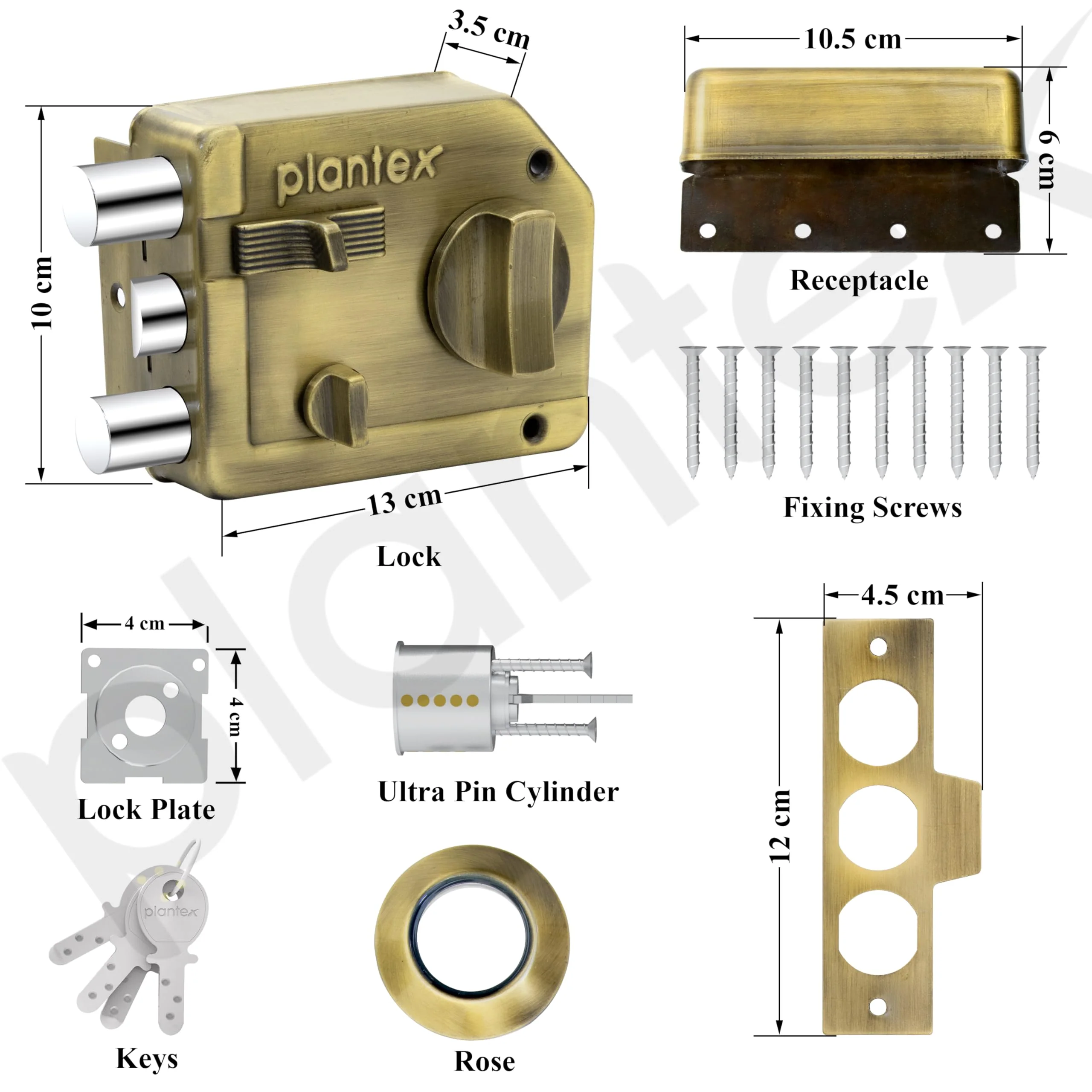 Plantex Heavy Duty Rim Locks for Main Door/Tri Bolt Lock for Main Door with 4 Keys/Suitable for Inside Opening Wooden Door - Pack of 1 (Brass Antique) - Image 4
