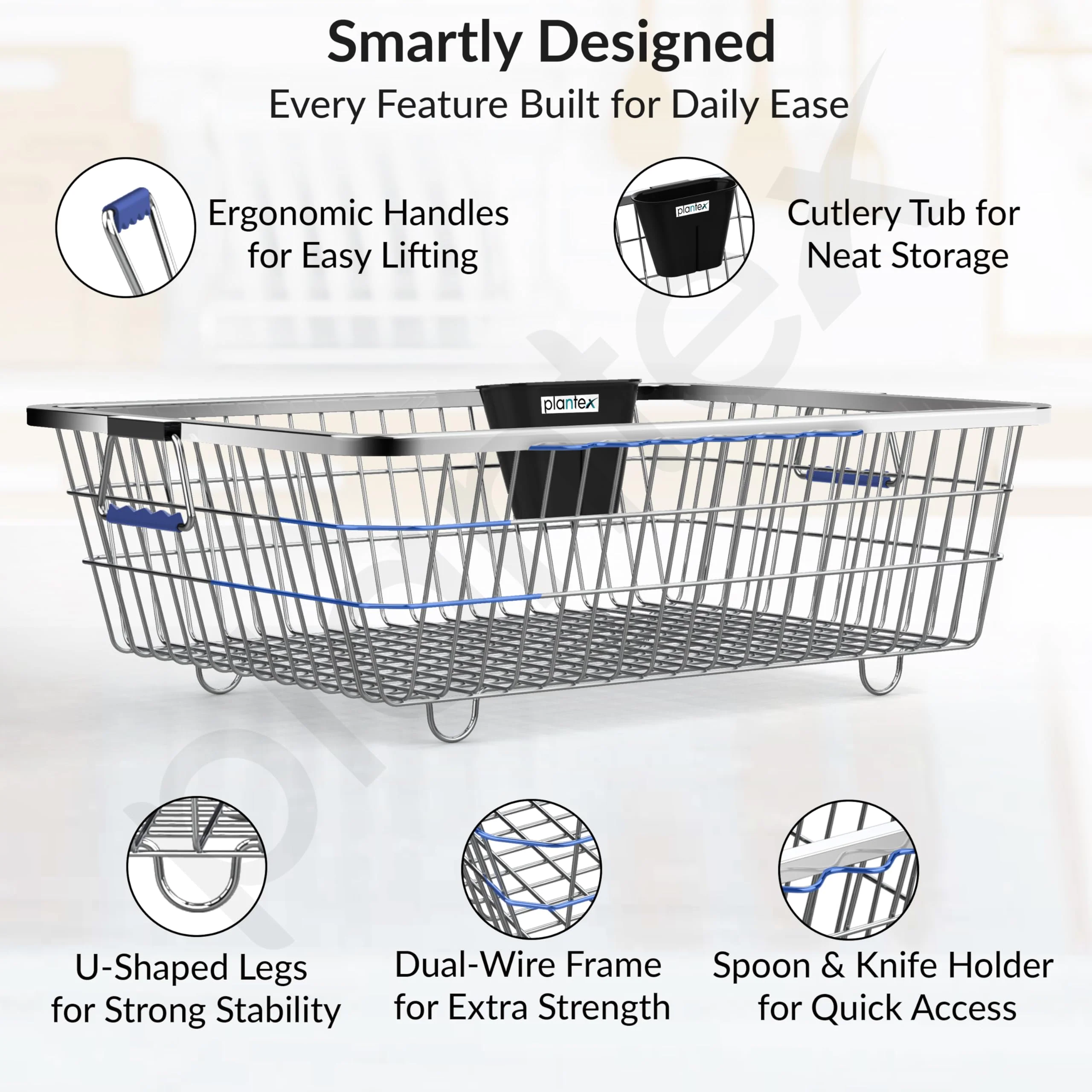 Plantex Heavy-Duty Stainless-Steel Dish Drainer Basket for Kitchen Utensils/Dish Drying Rack/Plate Stand/Bartan Basket (Large Size-64x47x20cm) - Image 3