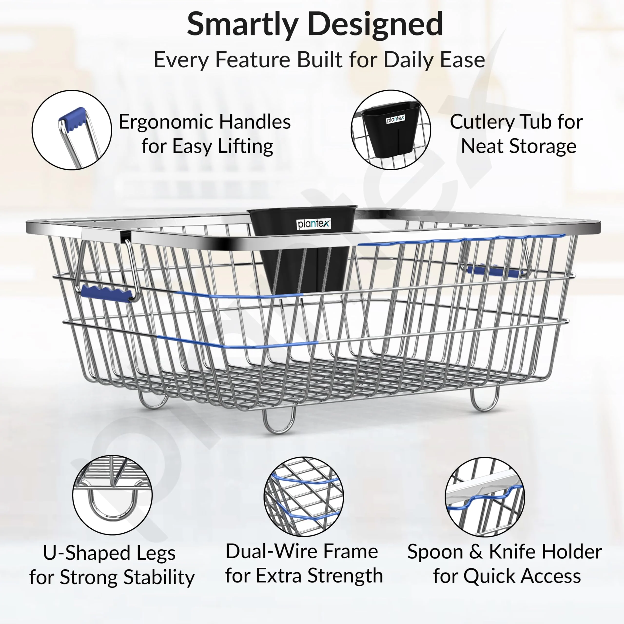 Plantex Heavy-Duty Stainless-Steel Dish Drainer Basket for Kitchen Utensils/Dish Drying Rack/Plate Stand/Bartan Basket (Medium Size-54x42x20cm) - Image 3