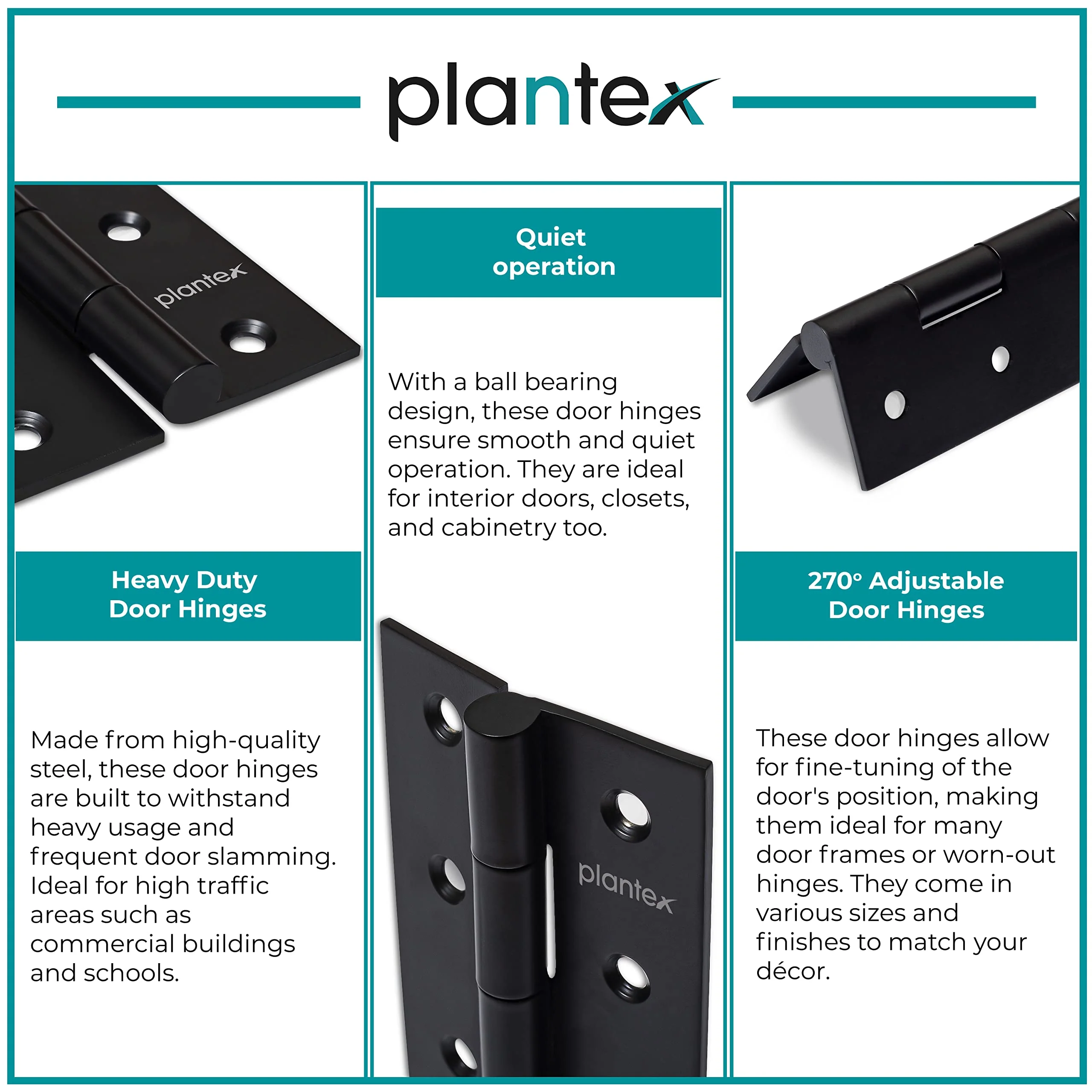 Plantex Heavy Duty Stainless Steel Door Butt Hinges 3 inch x 16 Gauge/1.5 mm Thickness Black Powder Coated Home/Office/Hotel for Main Door/Wooden/Bedroom/Kitchen/Window/Kabja - Pack of 12 (Black) - Image 6