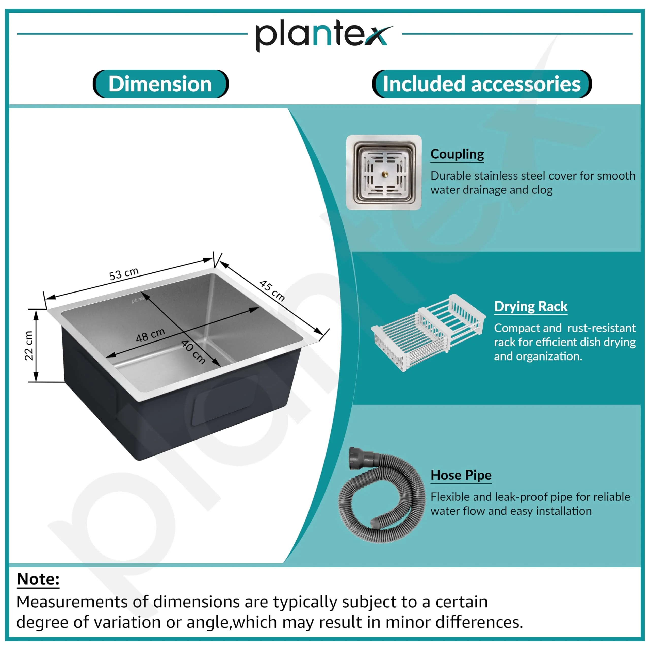 Plantex Heavy Duty Stainless Steel Kitchen Sink/Sink for Kitchen with Square Coupling, Hose Pipes and Drain Rack/Single Bowl Sink With 25 Years Warranty by Plantex (Matt-21x18x9 Inches) - Image 5