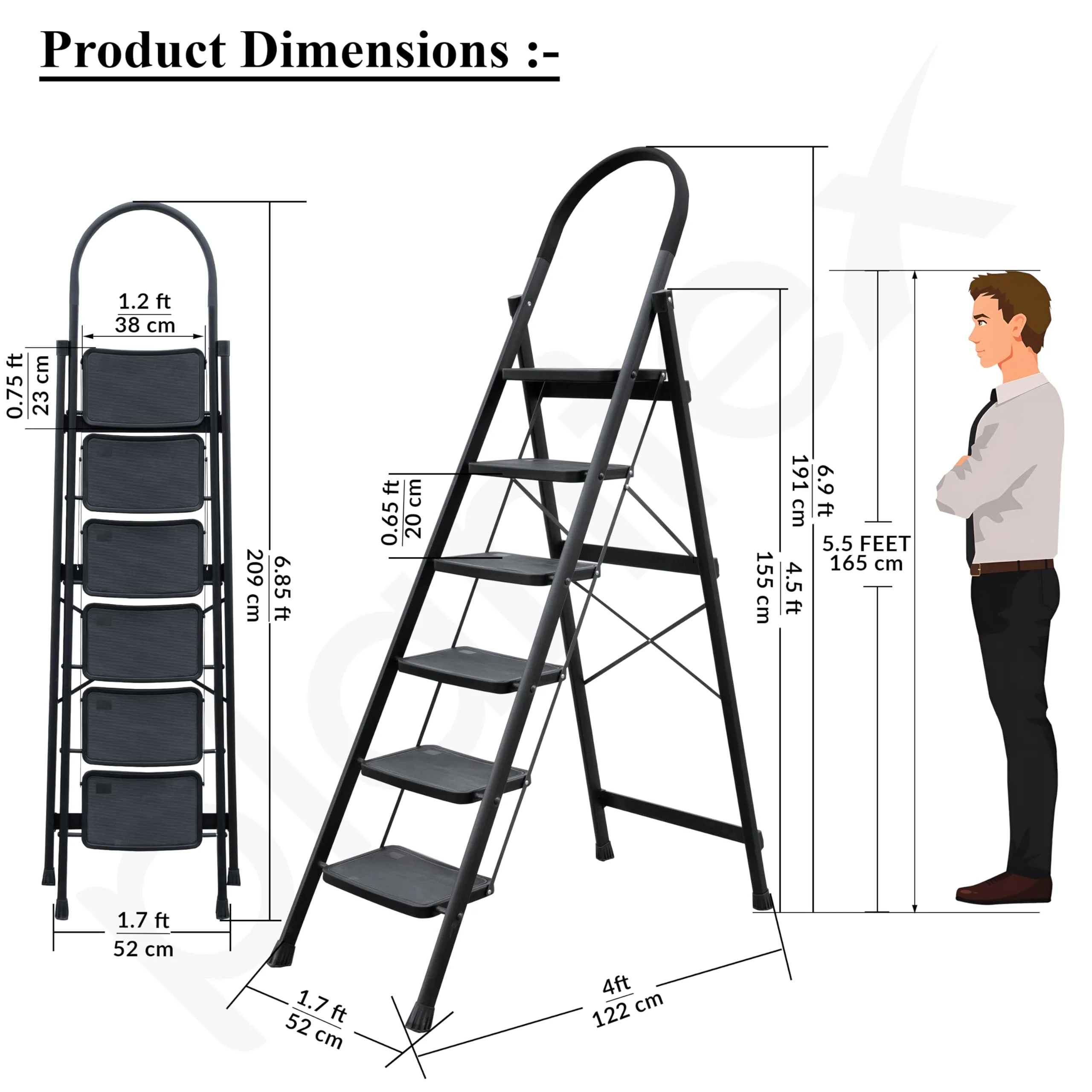 Plantex Hercules Pro 6-Step Foldable Ladder for Home with 200 kg Load Capacity/Heavy-Duty GI Steel Ladder/Anti-Slip Wide Step/Strong, Stable & Multi-Purpose (Black) - Image 3