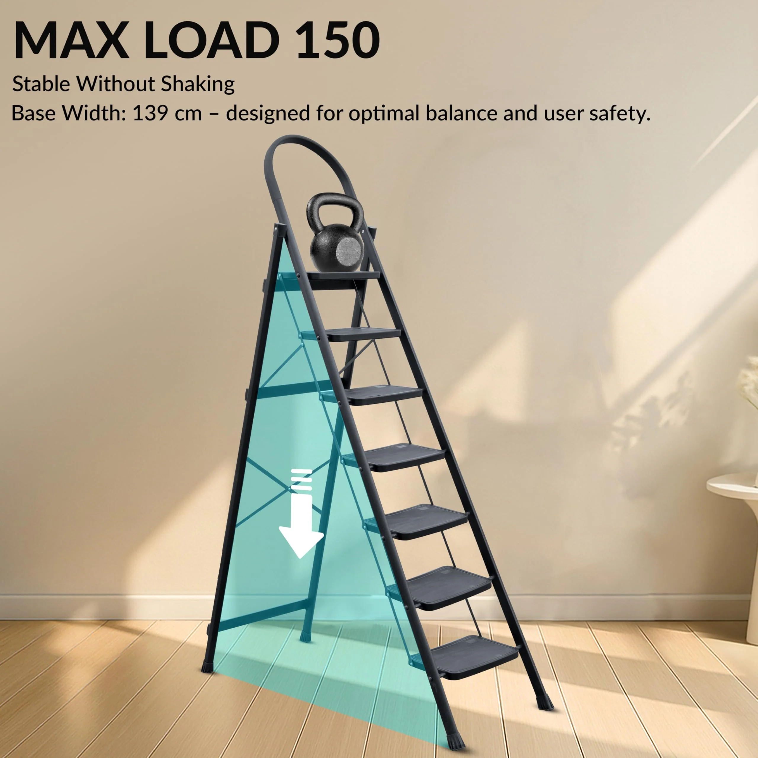 Plantex Hercules Pro 7-Step Foldable Ladder for Home with 200 kg Load Capacity/Heavy-Duty GI Steel Ladder/Anti-Slip Wide Step/Strong, Stable & Multi-Purpose (Black) - Image 4