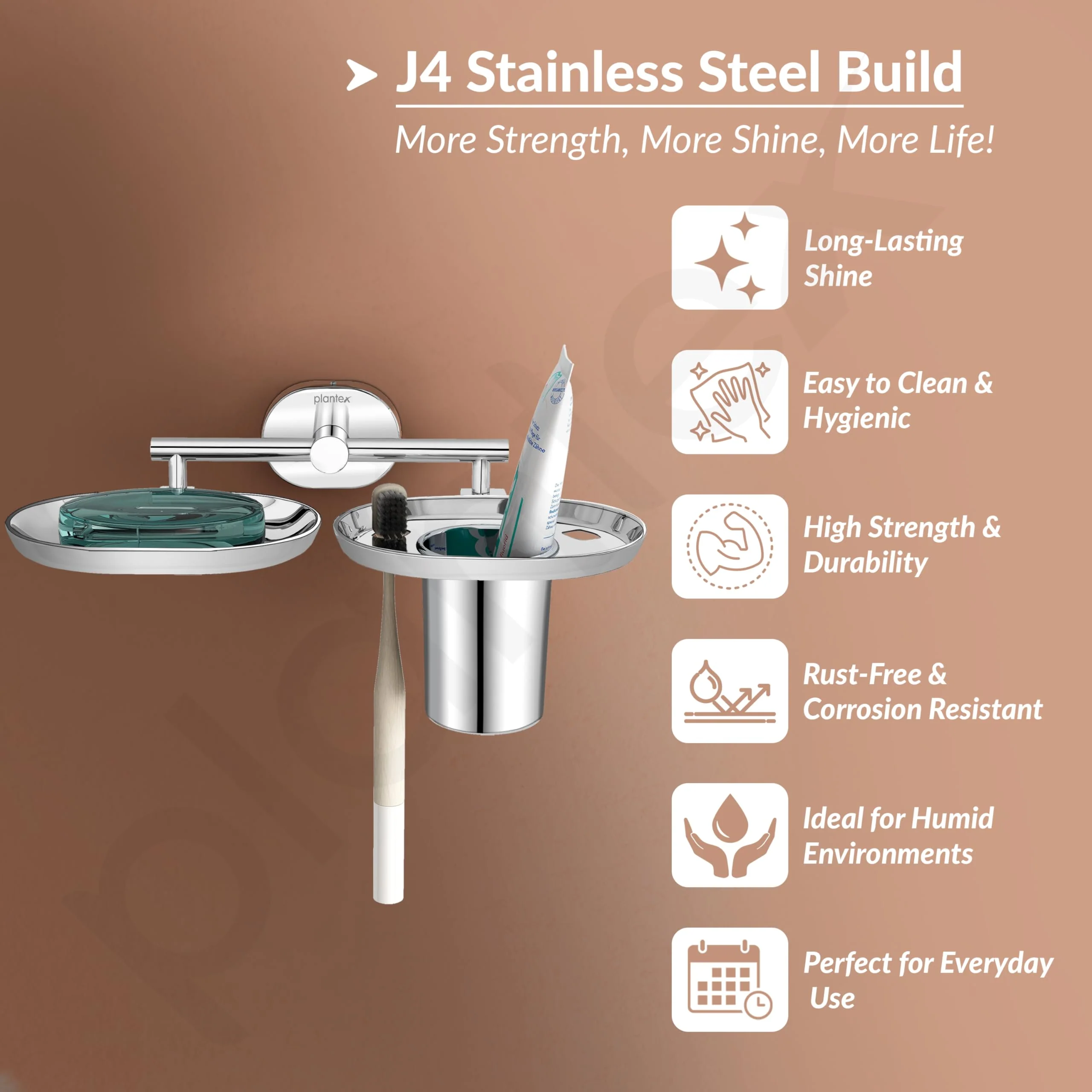 Plantex J4 Stainless Steel Soap Dish with Tumbler Holder/Soap and Brush Holder for Bathrooom/2 in 1 Soap Holder with Toothbrush Holder/Bathroom Accessories (Chrome Finish) Onix - Image 2