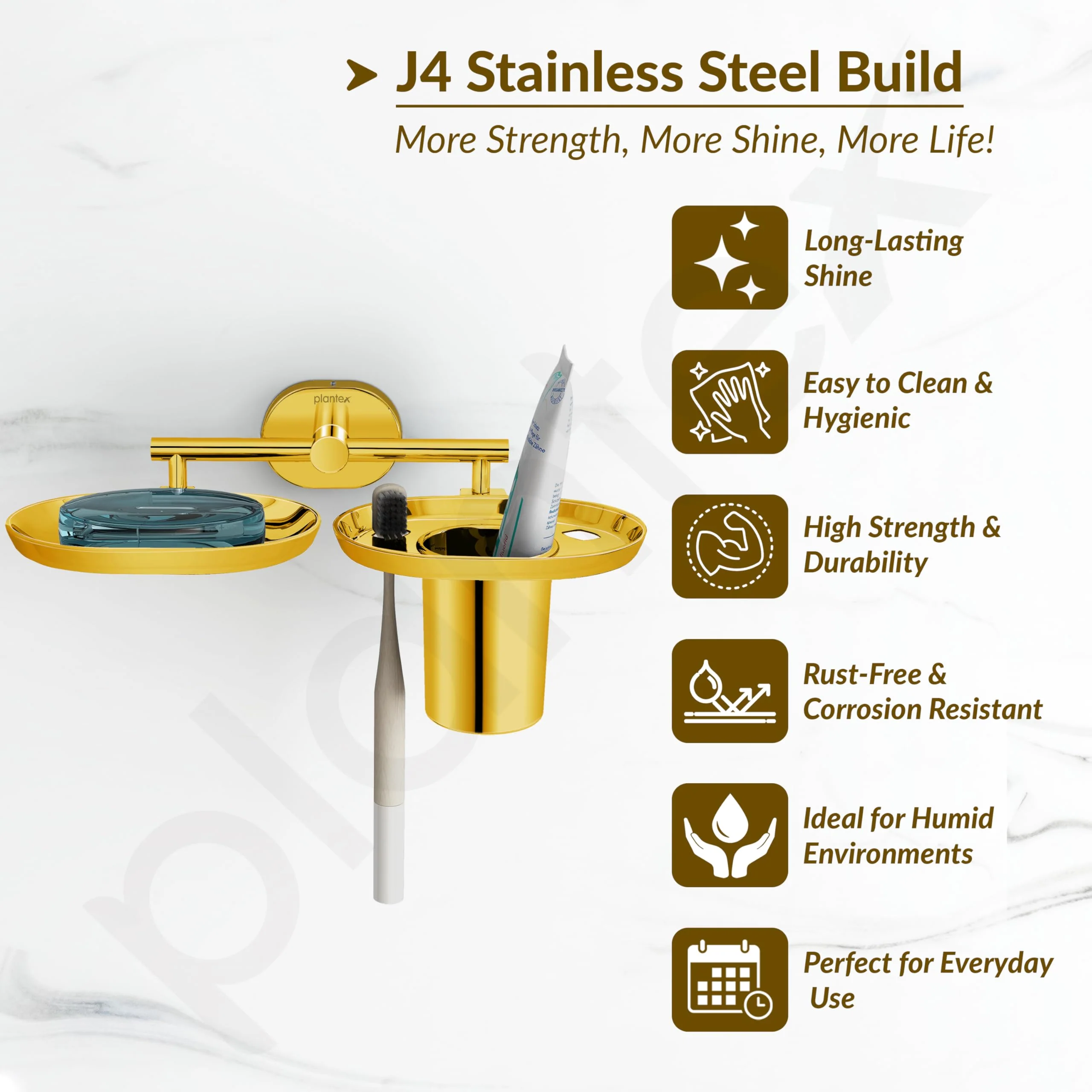 Plantex J4 Stainless Steel Soap Dish with Tumbler Holder/Soap and Brush Holder for Bathrooom/2 in 1 Soap Holder with Toothbrush Holder/Bathroom Accessories (PVD Gold Finish) Onix - Image 2