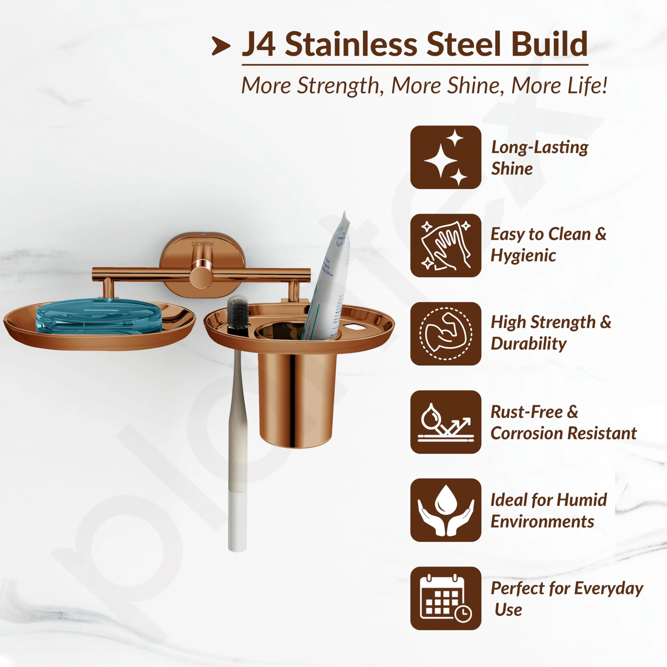 Plantex J4 Stainless Steel Soap Dish with Tumbler Holder/Soap and Brush Holder for Bathrooom/2 in 1 Soap Holder with Toothbrush Holder/Bathroom Accessories (PVD Rose Gold Finish) Onix - Image 2