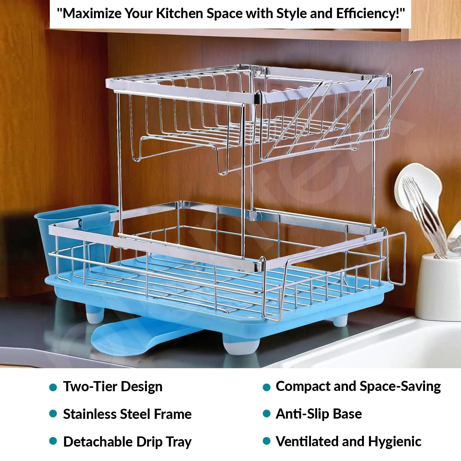 Plantex Kitchen Dish Rack Drainer/Stainless Steel 2-Tier Dish Drainer Rack with Removable Drain Board/Drying Rack with Drainer - 20 x 14 x 15 Inch (Chrome) - Image 3