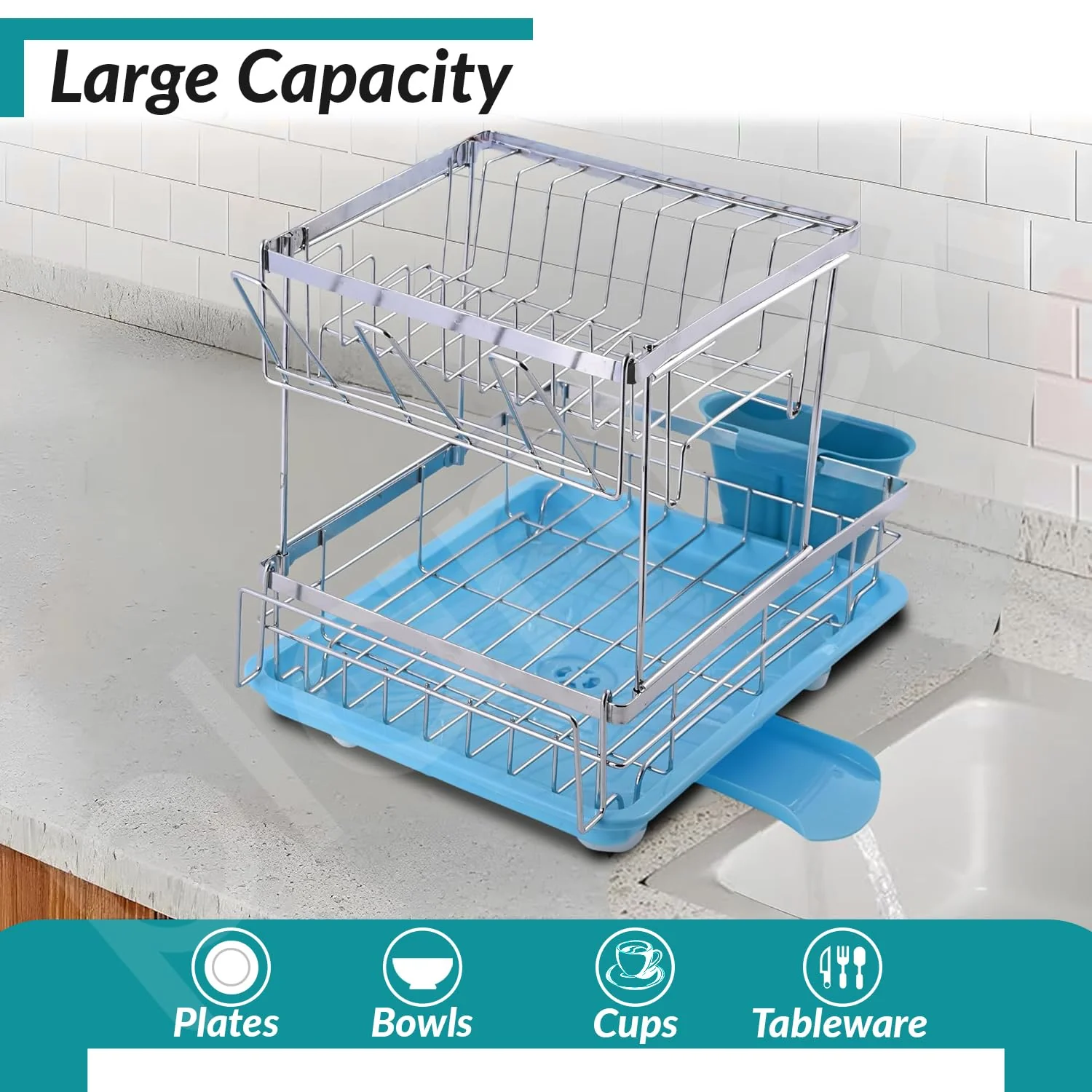 Plantex Kitchen Dish Rack Drainer/Stainless Steel 2-Tier Dish Drainer Rack with Removable Drain Board/Drying Rack with Drainer - 20 x 14 x 15 Inch (Chrome) - Image 5