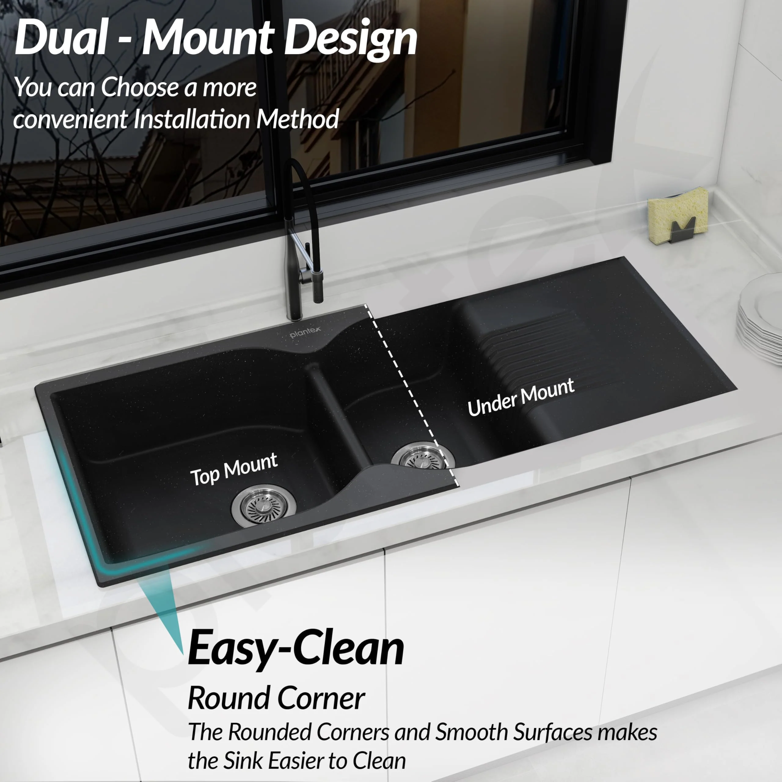 Plantex Kitchen Sink/Quartz Sink for Kitchen/UV Protected Double Bowl with Drain Board, Coupling and Adjustable Drain Rack (Charcoal Black - 45x20inch) - Image 6