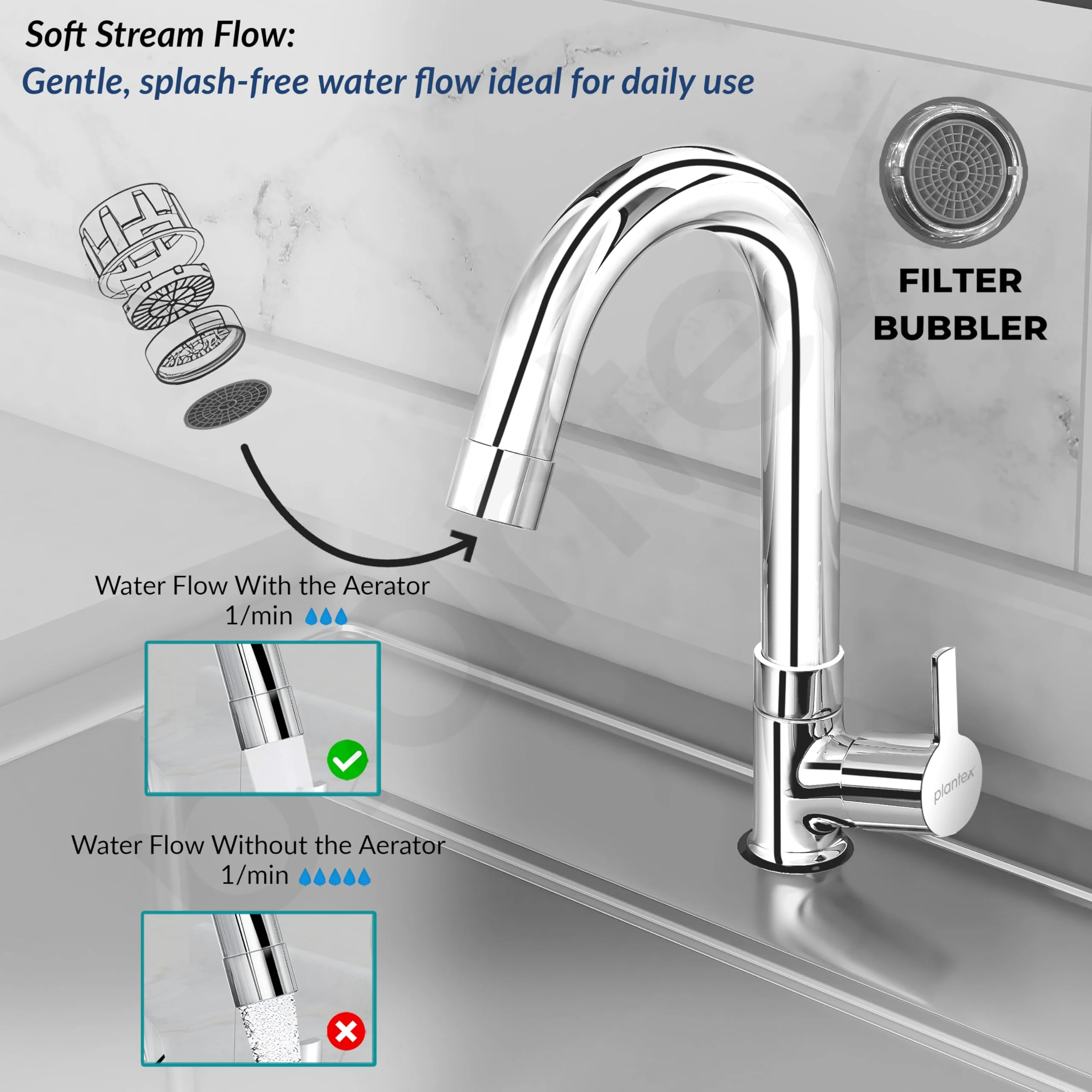 Plantex Kitchen Sink Tap with Water Saving Aerator/Sink Tap for Kitchen Basin with 360° Swivel Spout/Bathroom Accessories - (Rio, Chrome) - Image 7