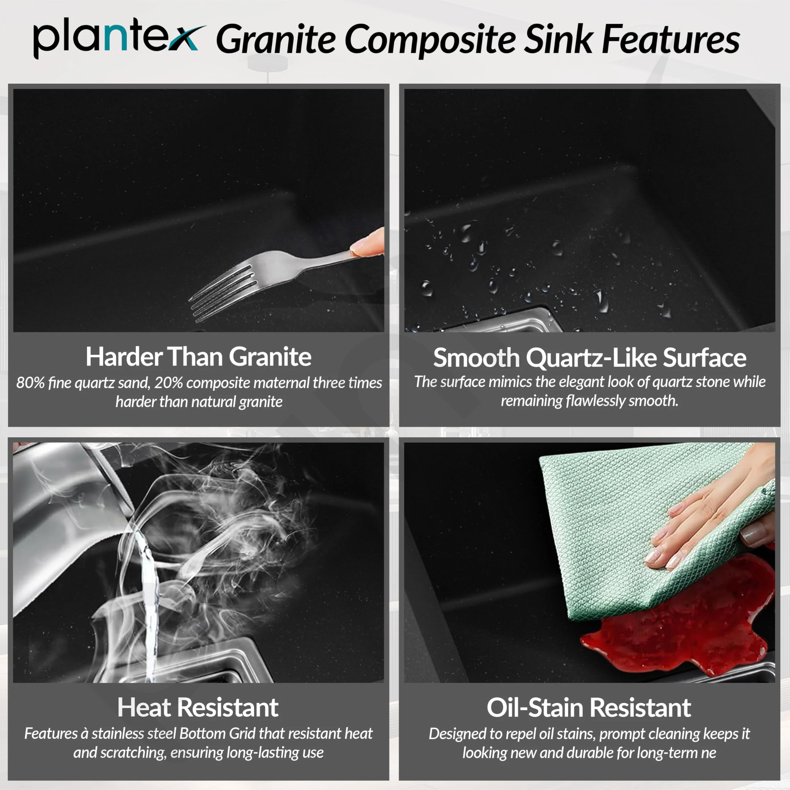 Plantex Kitchen Sink/UV Protected Quartz Sink for Kitchen/Double Bowl Sink with Coupling and Hose Pipe (Charcoal Black - 37x18inch) - Image 3