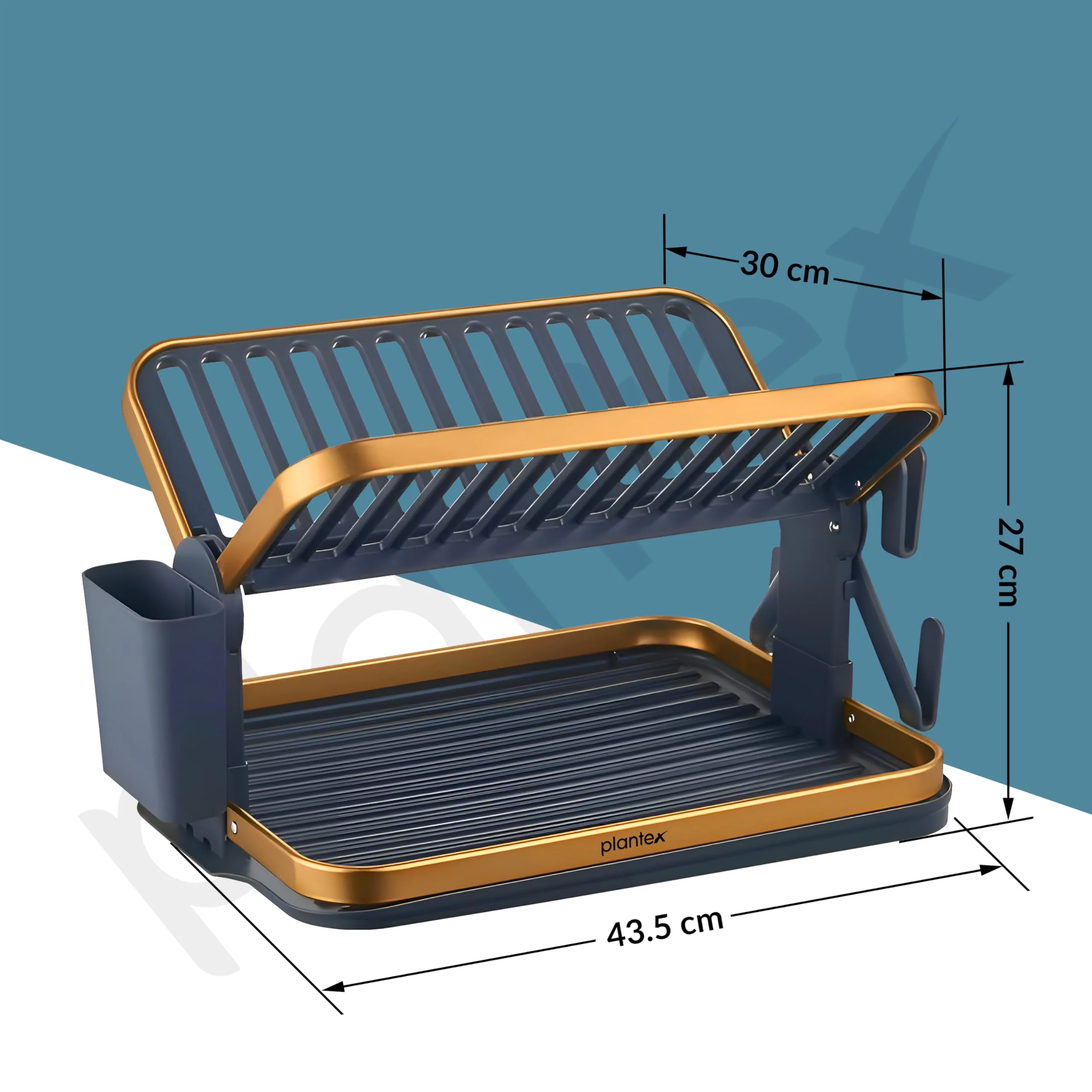 Plantex Kitchen Storage Rack/Aluminium Fold Flat Dish Drying Rack/2-Tier with Drainboard/Kitchen Organiser Rack - (Gold & Grey) - Image 3