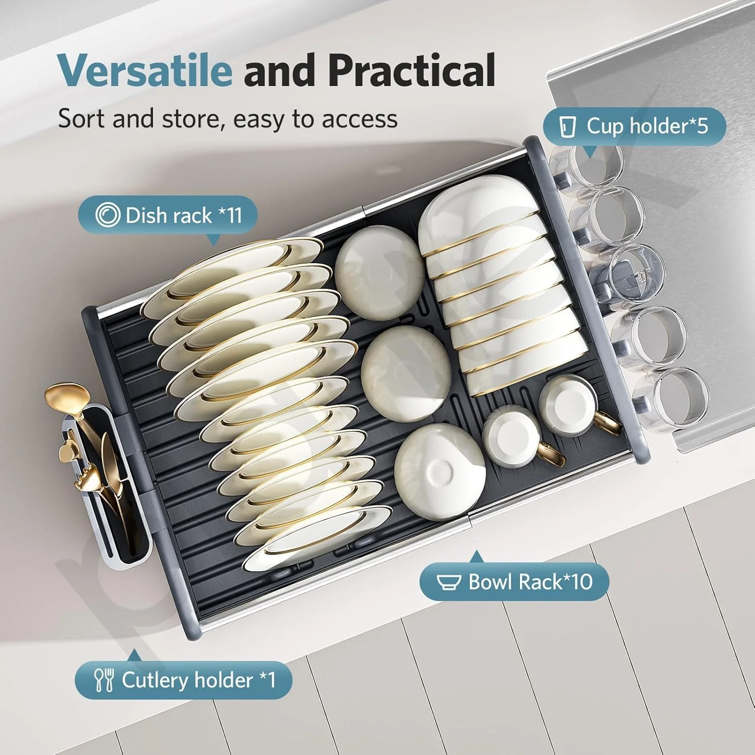 Plantex Kitchen Storage Rack/Aluminium Fold Flat Dish Drying Rack/Household Kitchen Bowls and Plates Organizers/Utensil Storage Holder - (Silver & Grey) - Image 6