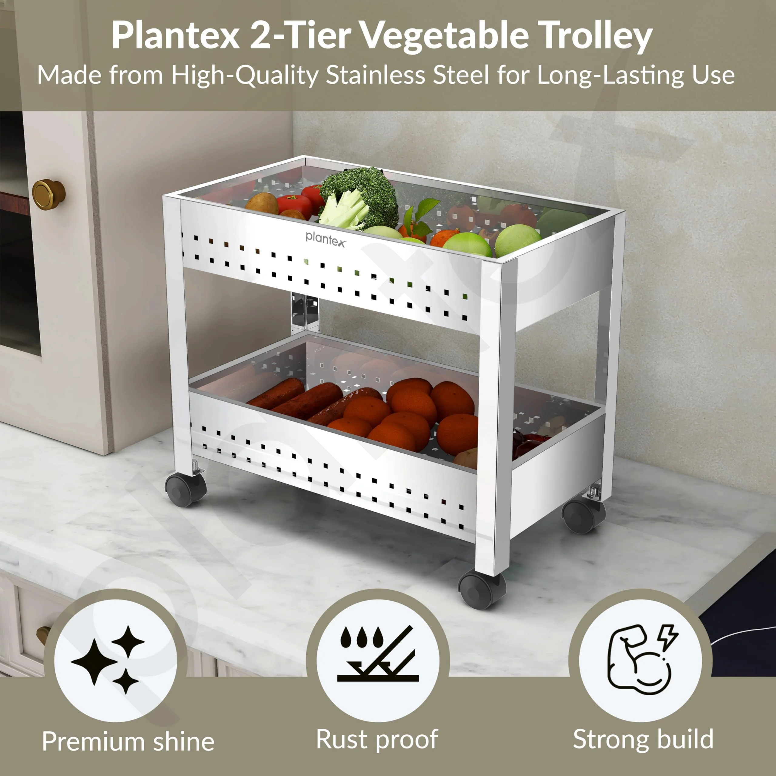 Plantex Kitchen Trolley/Vegetables Basket for Kitchen/Fruit Stand for Kitchen/Stainless Steel Vegetable Stand/Vegetable Rack for Kitchen/Trolley Stand (Silver) - Image 2