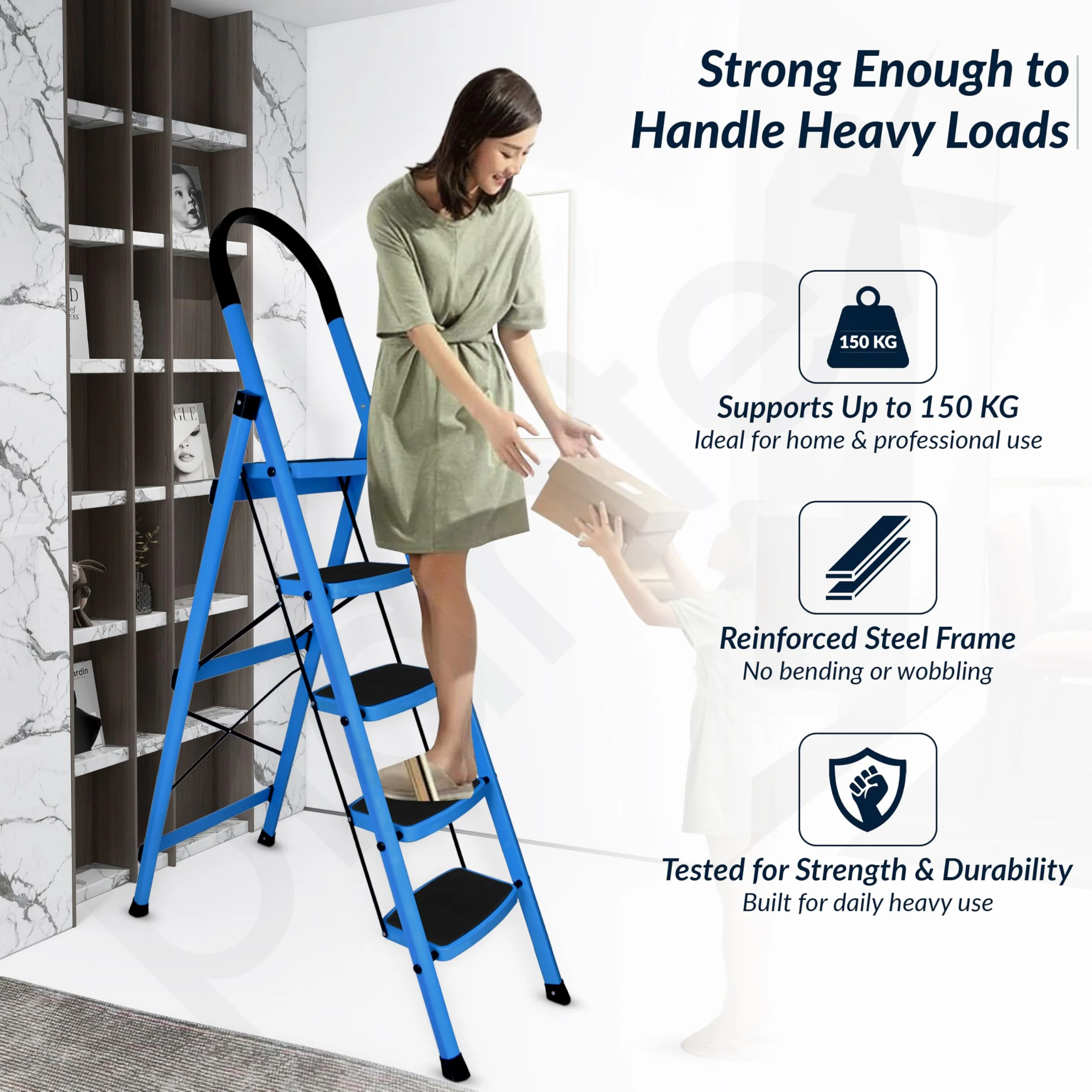 Plantex Ladder for Home - Premium Steel Foldable 5-Step Ladder - Anti Skid Strong Steps with 5 Years Manufacturer Warranty (Blue & Black) - Image 7