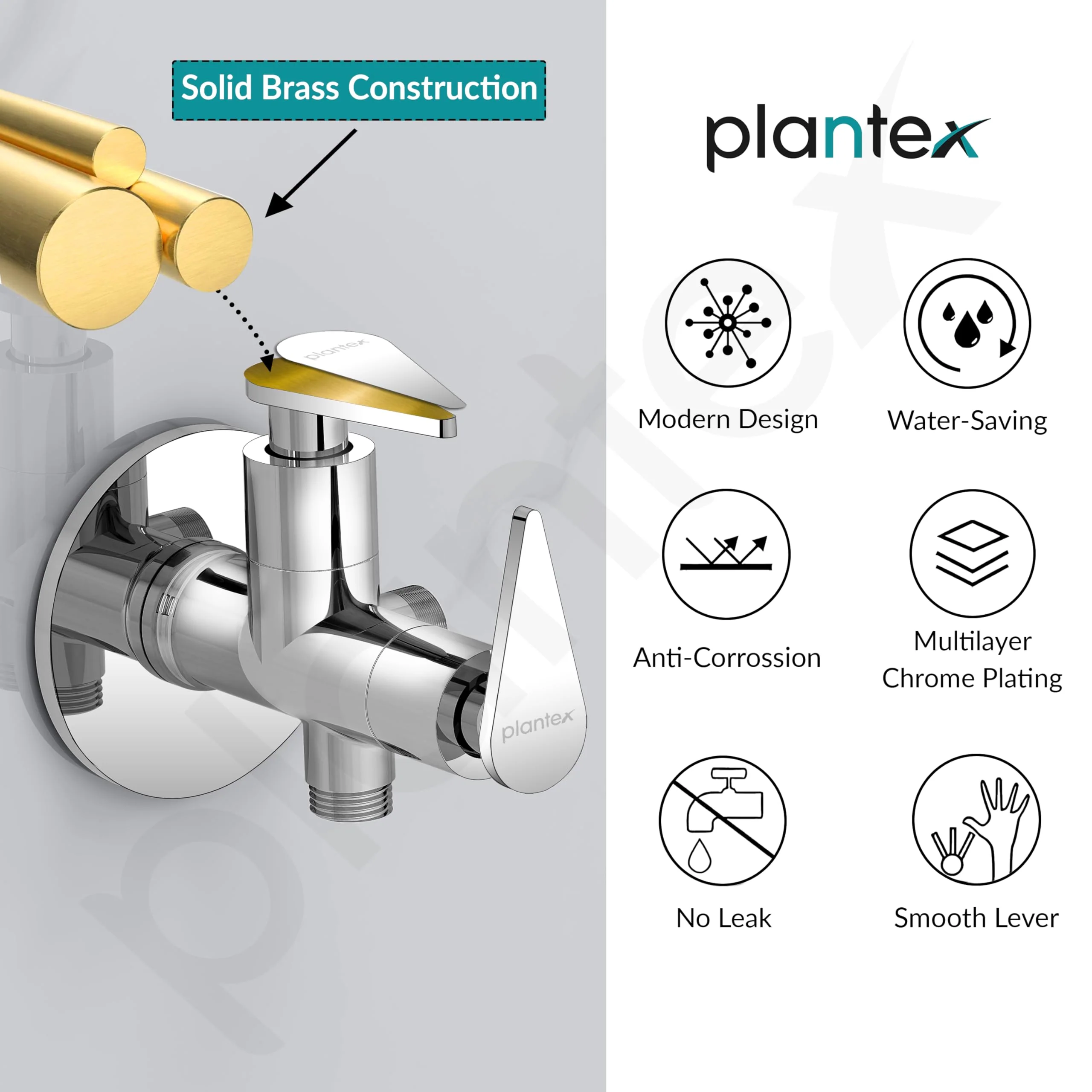 Plantex LEA-708 Pure Brass 2-Way Angle Valve For Bathroom/Quarter Turn Tap With Brass Wall Flange and Teflon Tape (Mirror-Chrome Finish) - Image 5