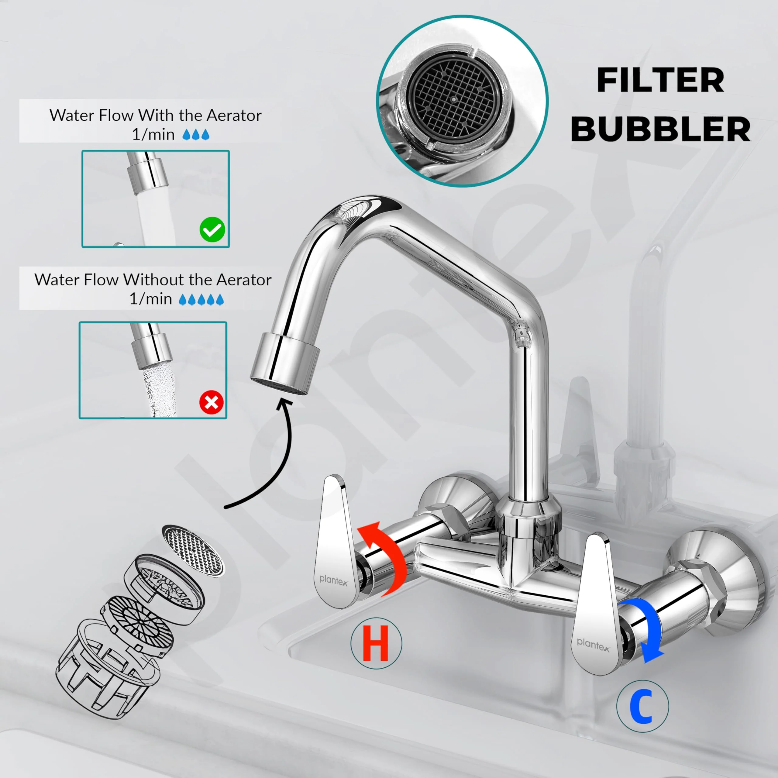 Plantex LEA-714 Pure Brass Sink Mixer Tap Hot and Cold/Kitchen Sink Tap/Mixer Tap for Kitchen Sink with Brass Wall Flange and Teflon Tape- (LEA-714 -Chrome) - Image 4