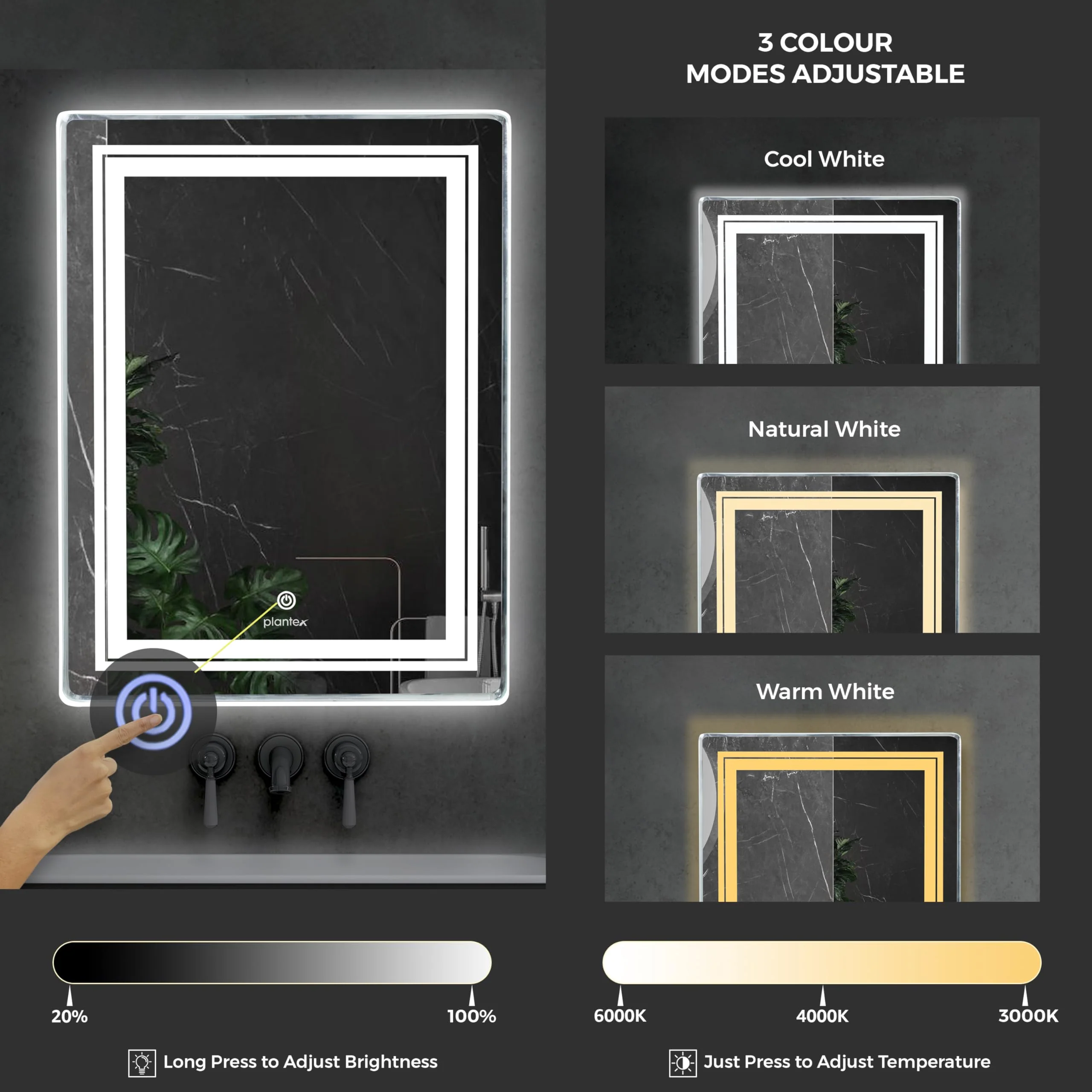 Plantex LED Mirror for Bathroom with 3 Tone/Designer Mirror for Living Room/Bedroom/Dressing Room - Rectangle Shape (18 X 24 Inch) - Image 4