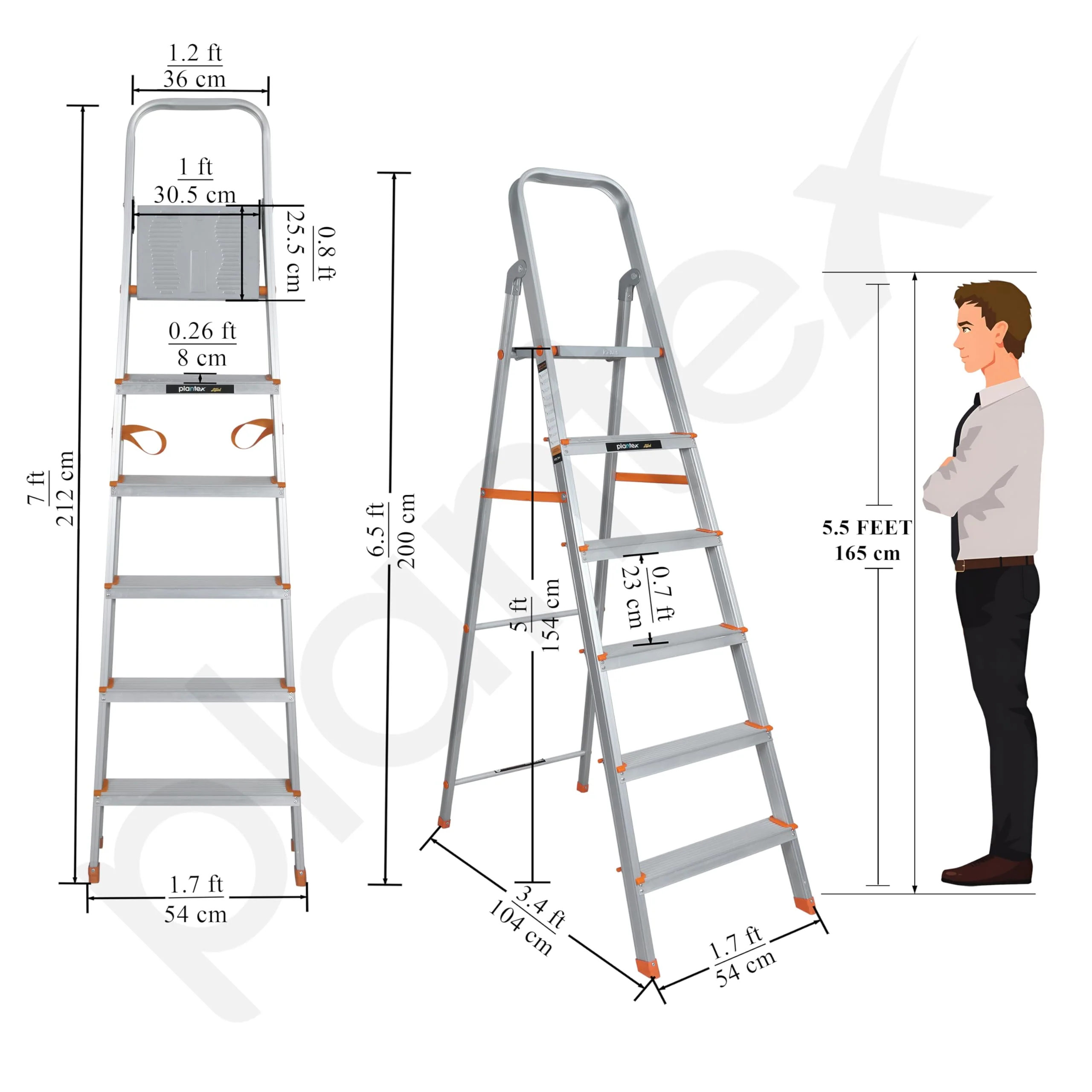 Plantex Legend 6 Step Aluminium Ladder for Home/Wide Anti-Skid Steps/Capacity Upto 150 kg/5 Year Manufacturer Warranty (Orange-Silver) - Image 3