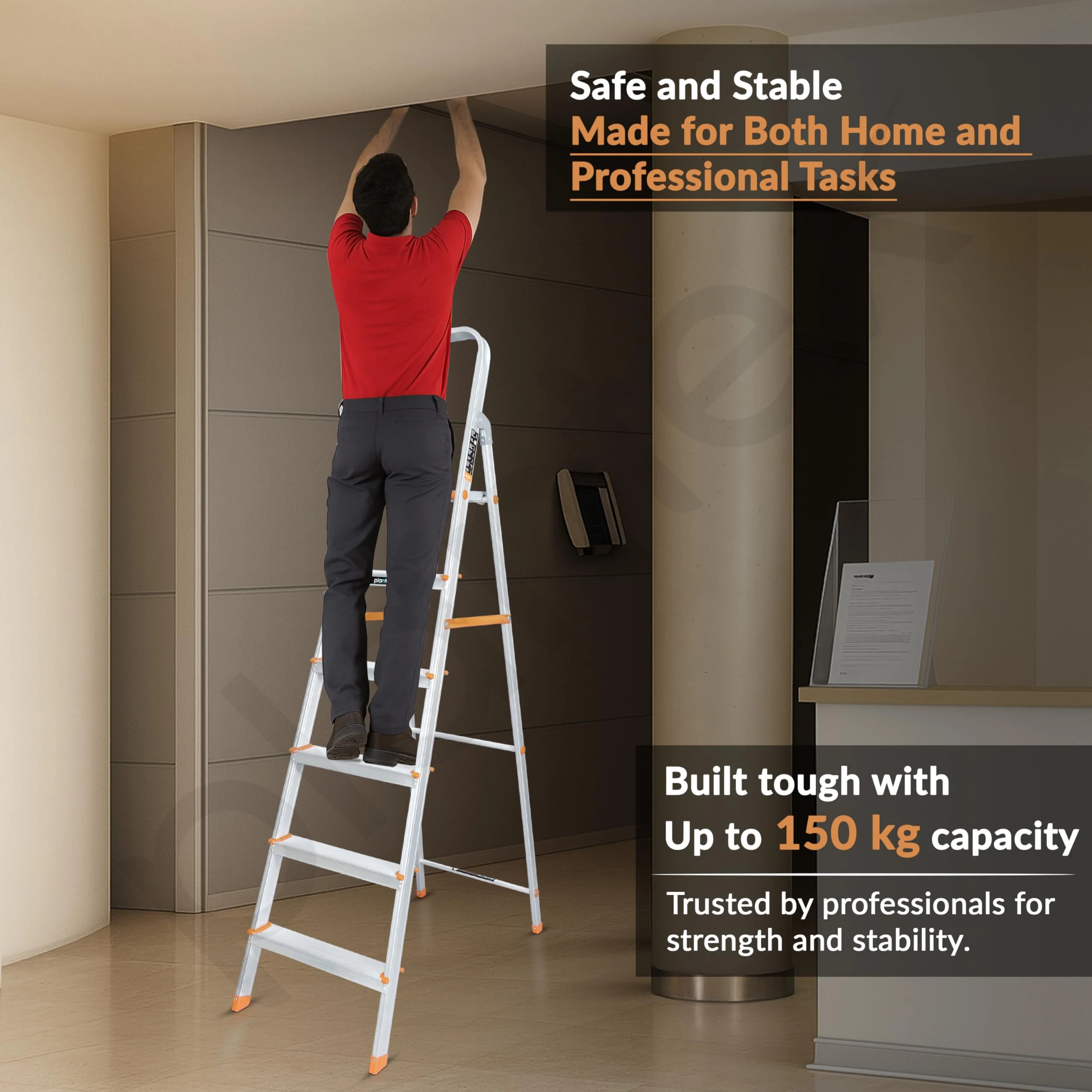 Plantex Legend 6 Step Aluminium Ladder for Home/Wide Anti-Skid Steps/Capacity Upto 150 kg/5 Year Manufacturer Warranty (Orange-Silver) - Image 6