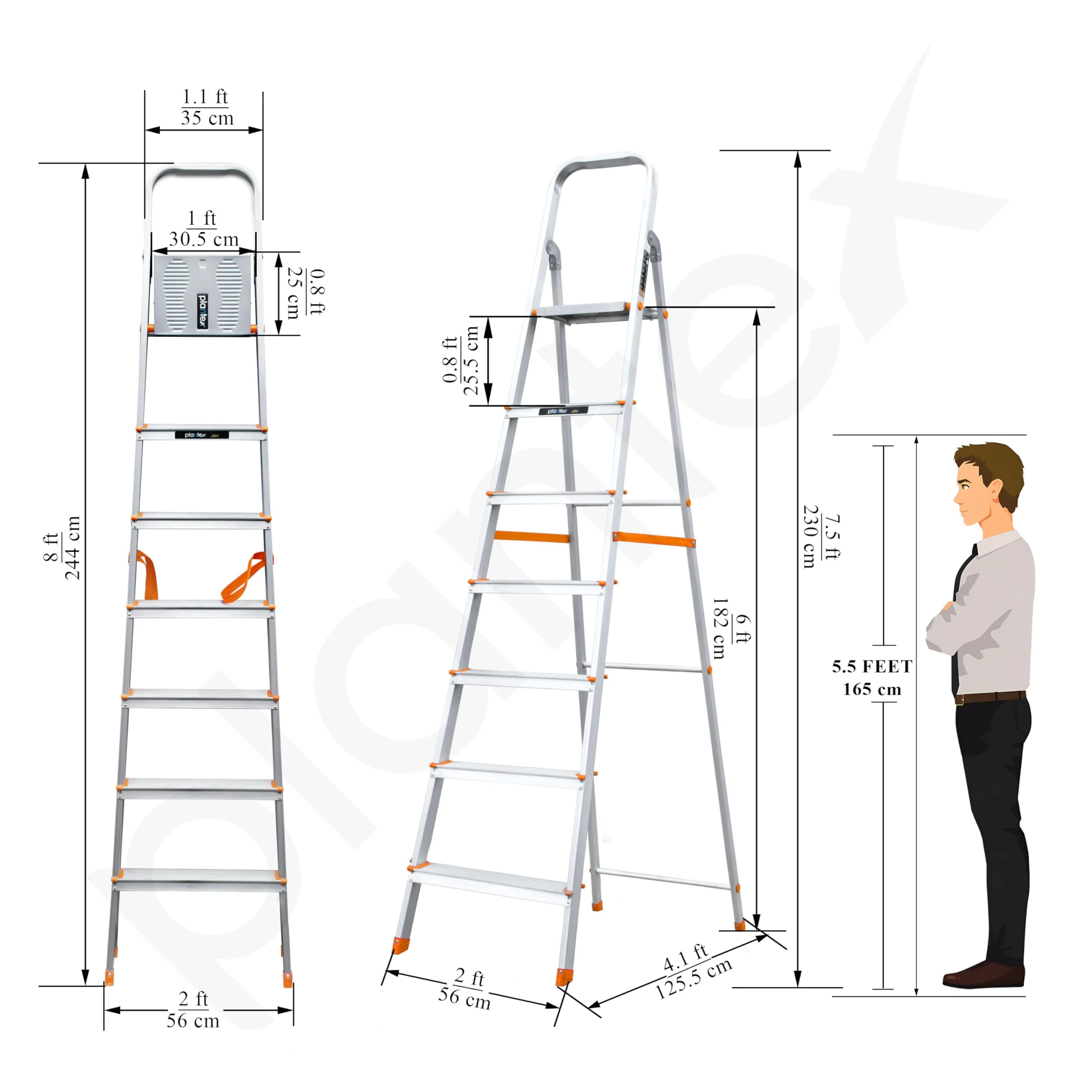 Plantex Legend Aluminium Folding 7 Step Ladder for Home - 7 Step Anti Skid Ladder/Wide Step Ladder (Orange-Silver) - Image 3